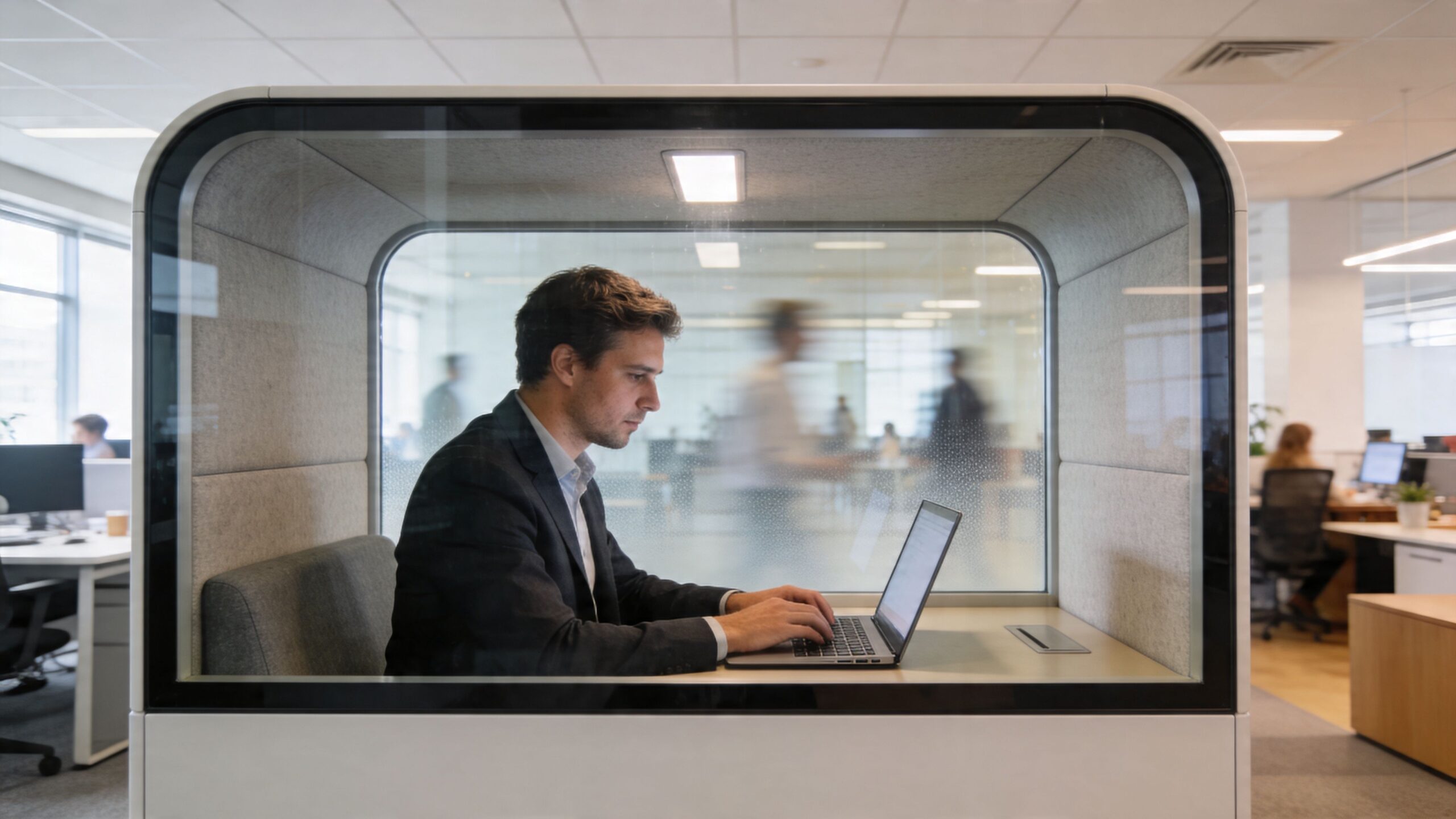 A professional man working on a laptop inside a modern acoustic privacy pod in an office.