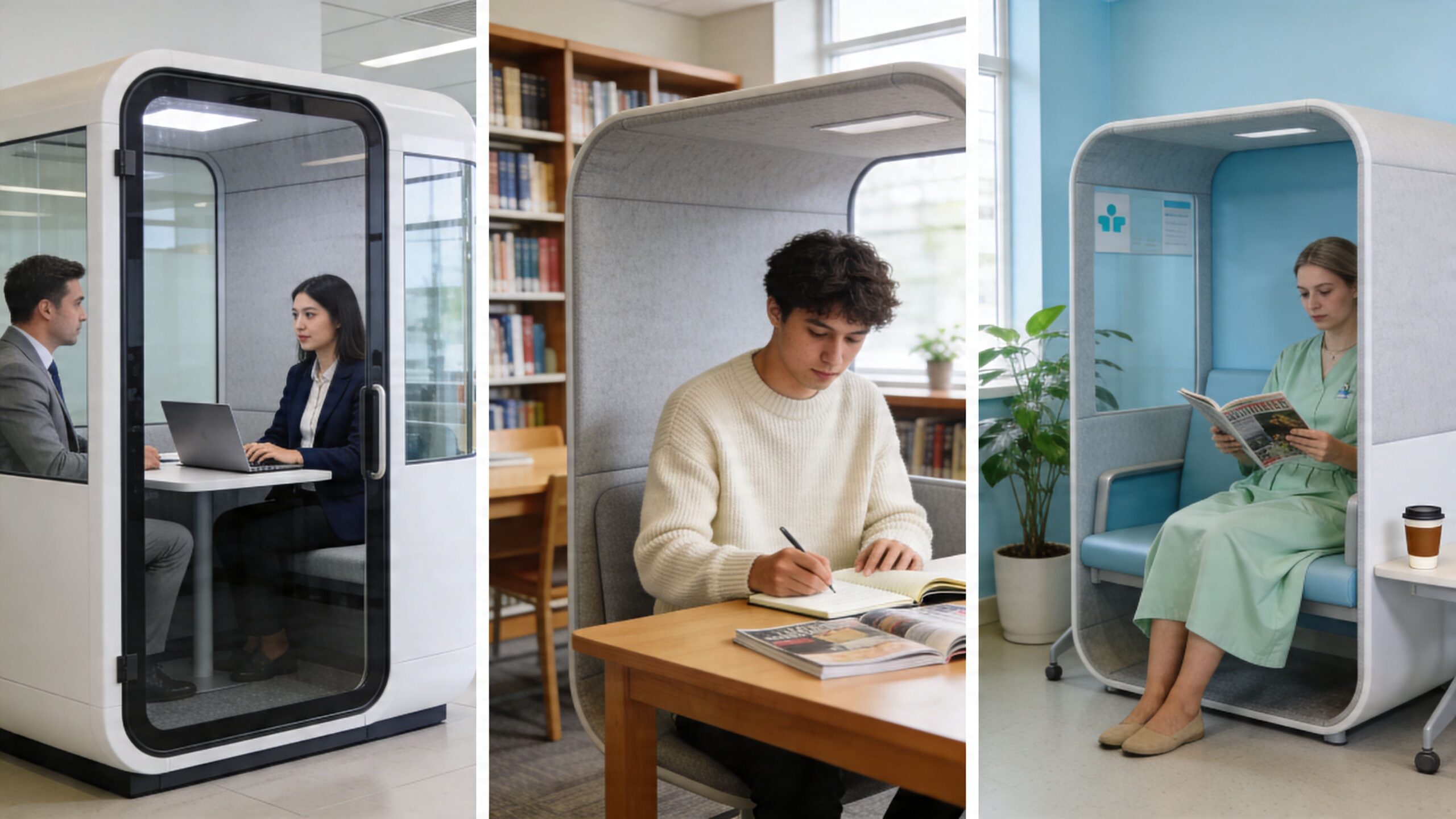 Three different types of modern privacy pods and workspaces used for meetings, studying, and relaxing.