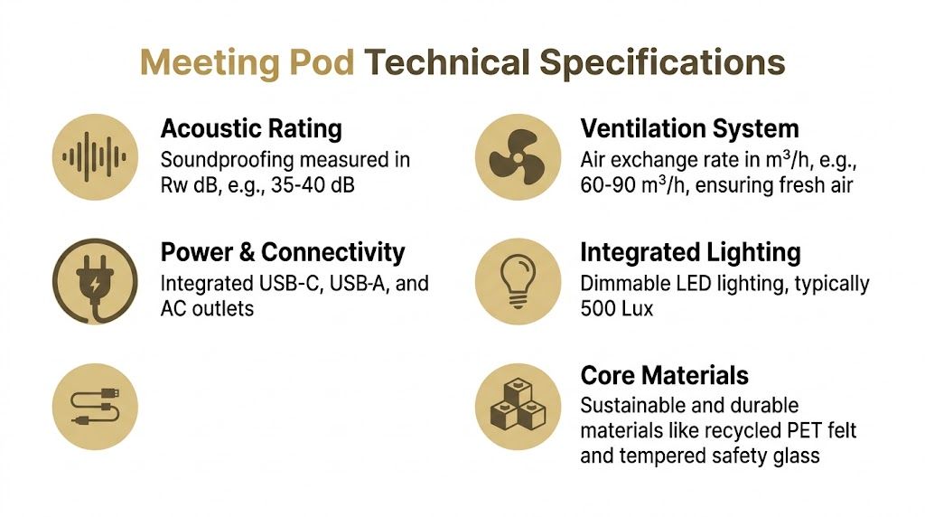 An infographic detailing the technical specifications of a meeting pod, including acoustic, ventilation, power, lighting, and materials.