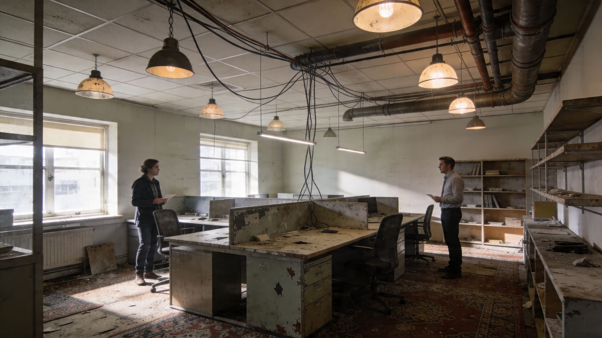 A woman and a man standing in a dilapidated office with a suspended panel ceiling.