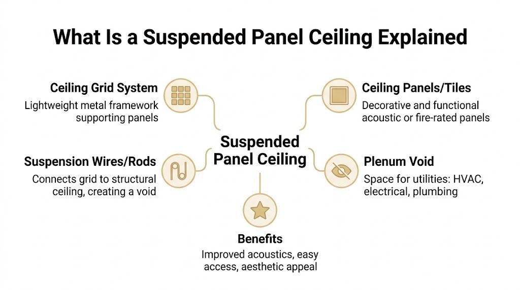 A diagram explaining the components and benefits of a suspended panel ceiling for interior design and architecture.