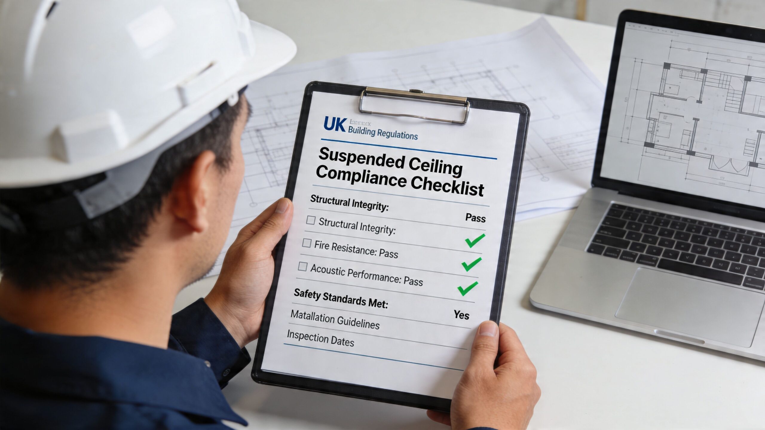 A construction professional holds a suspended ceiling compliance checklist clipboard while reviewing building plans on a laptop.