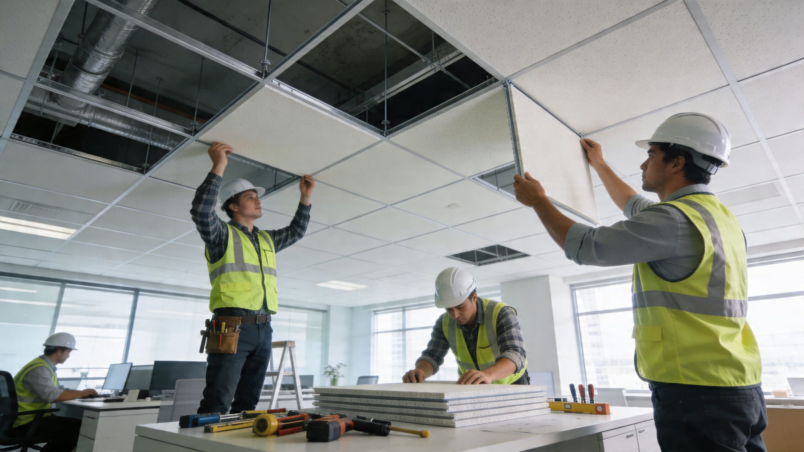 Three construction workers in hard hats and safety vests installing suspended panel ceiling tiles in an office.