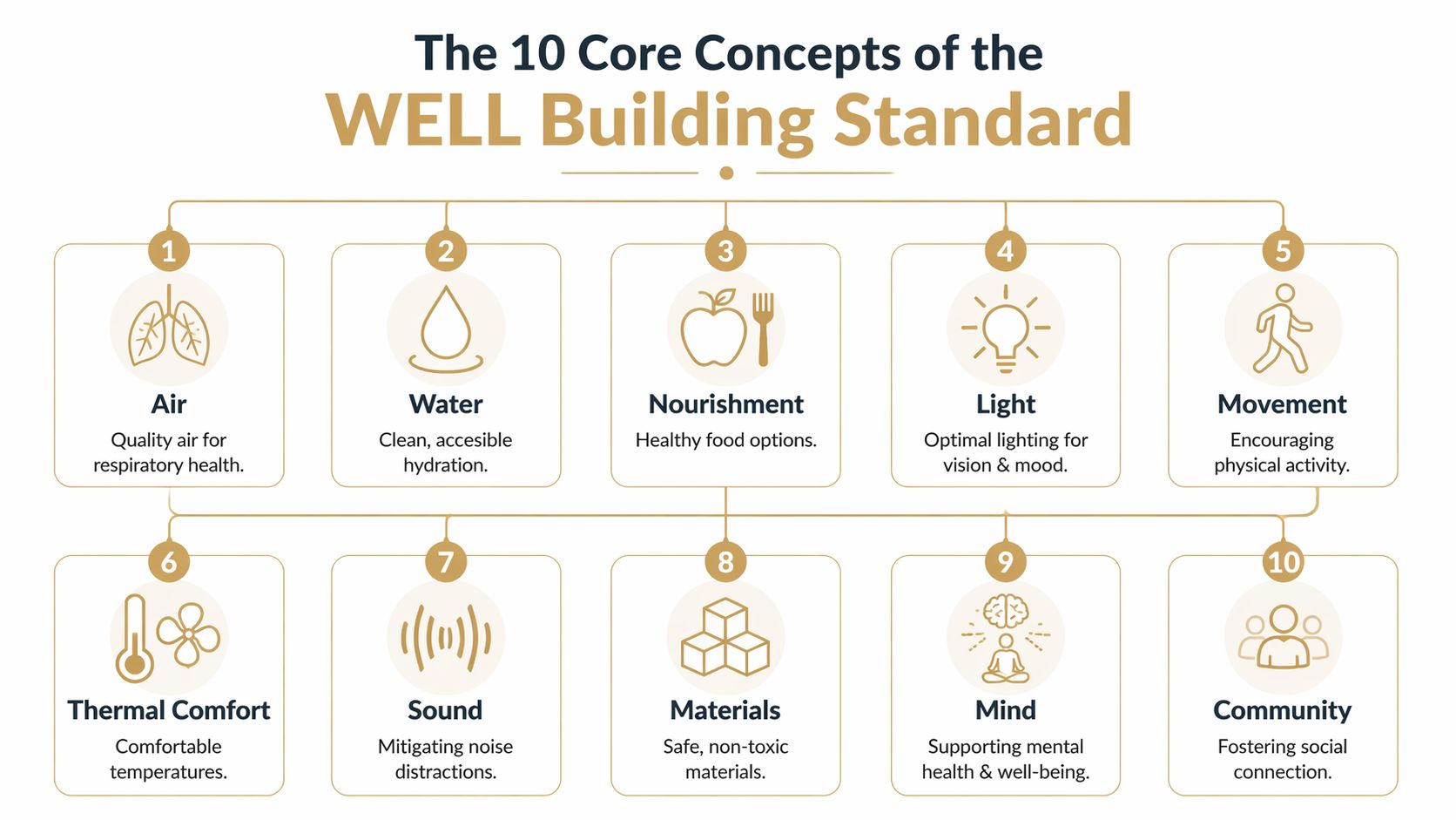 A diagram illustrating the 10 core concepts of the WELL Building Standard for healthy interior environments.