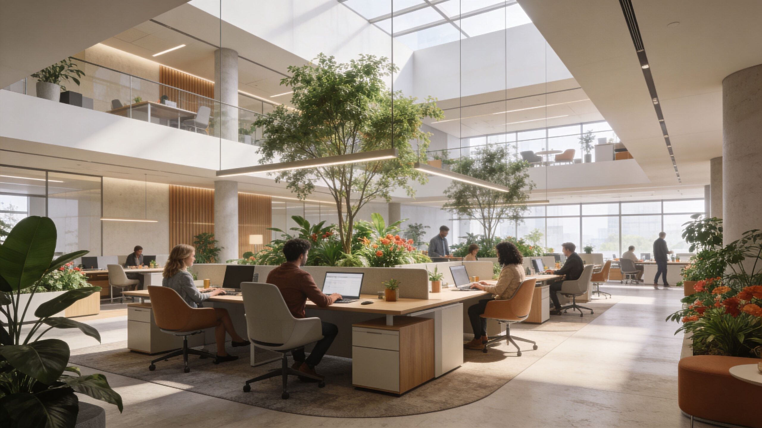 A modern, open-plan office workspace featuring natural light, indoor trees, and employees working at desks.