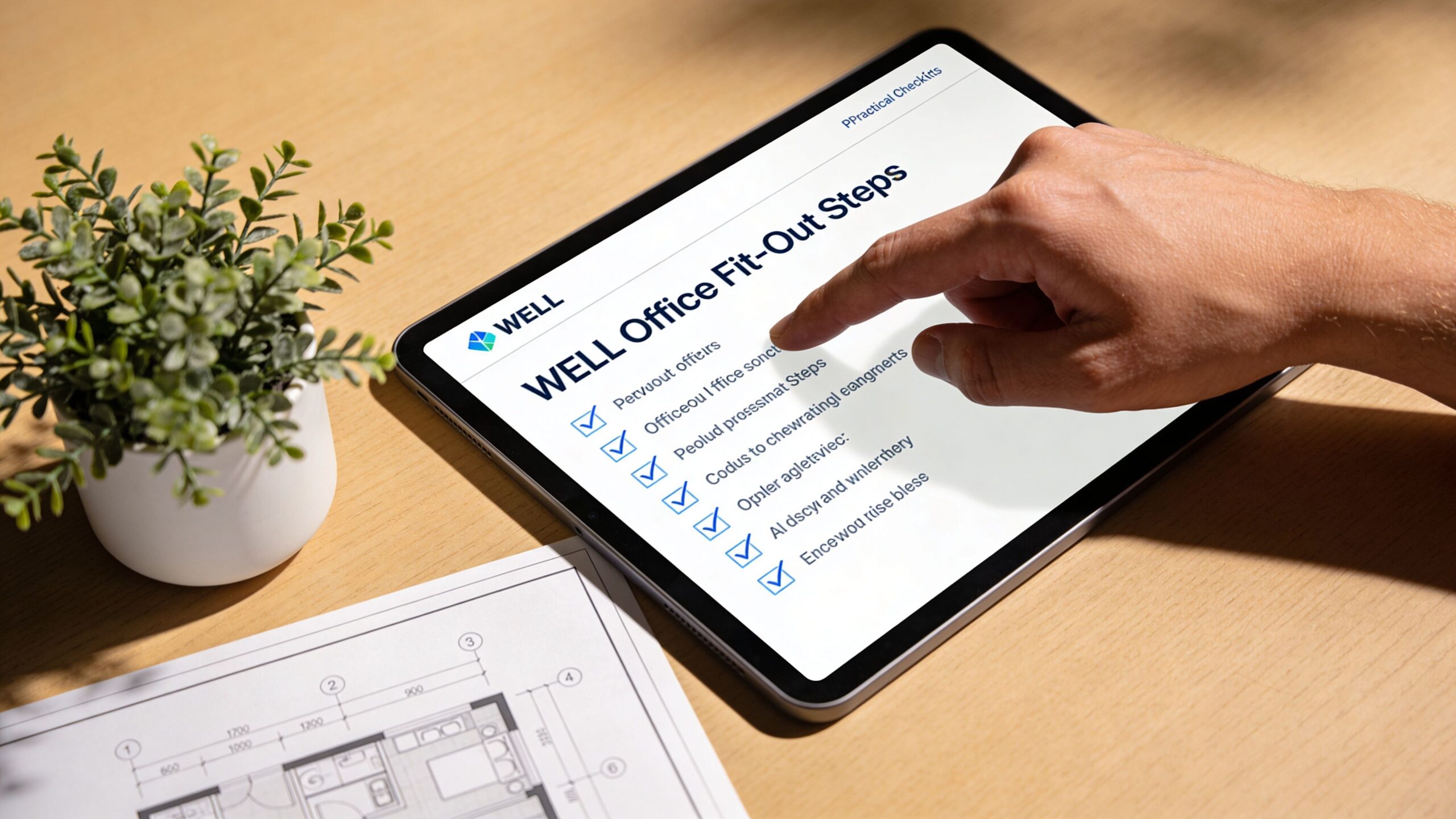 A hand touching a tablet screen displaying a WELL Office Fit-Out Steps checklist next to architectural blueprints.