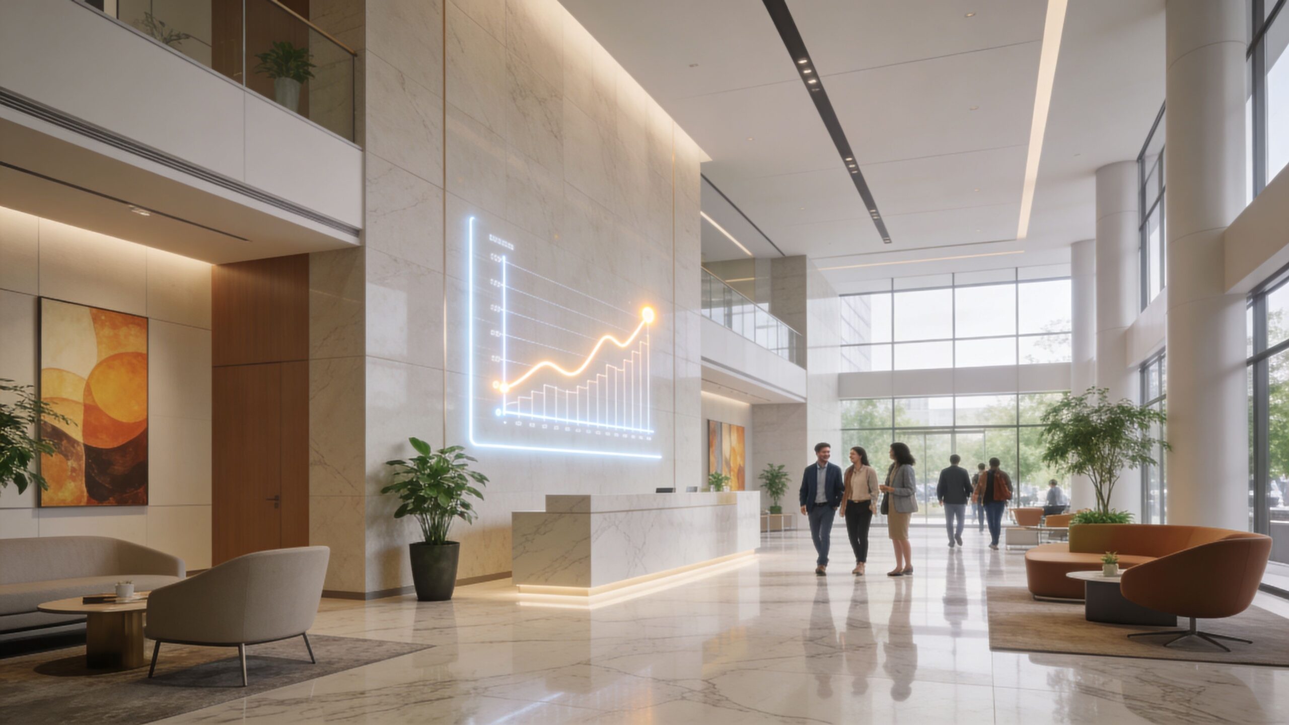 A modern, bright office lobby featuring a glowing neon business graph displayed on a large marble wall.