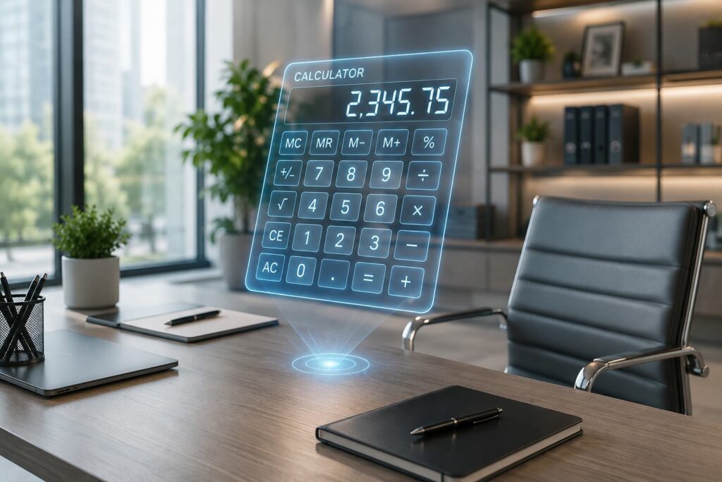 A holographic calculator floating above a desk in a modern, bright office with a chair.
