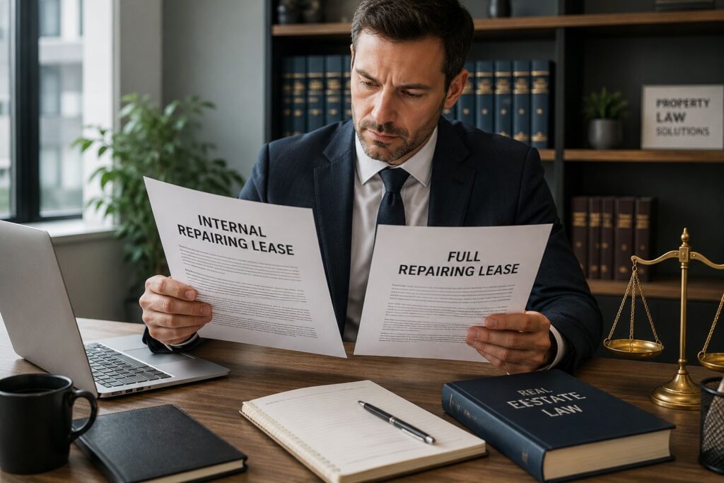 A professional in a suit reviewing legal document papers labeled Internal Repairing Lease and Full Repairing Lease.