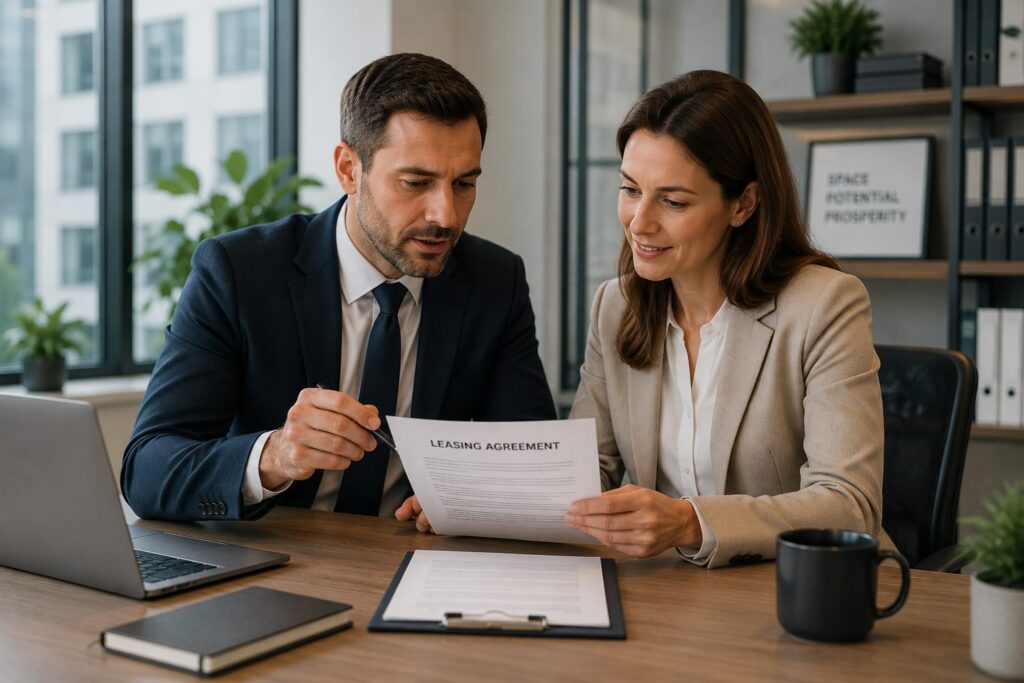 A professional man and woman review a leasing document together in a modern, bright office setting.