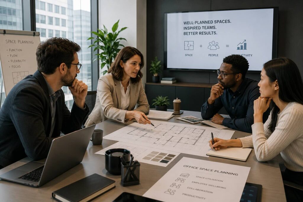 A professional team in a meeting room looking thoughtful while discussing office space planning and productivity.