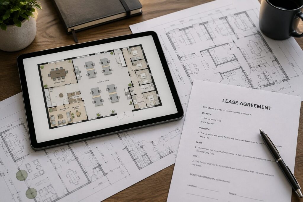 A tablet displaying a floor plan sits on a desk alongside printed blueprints and a lease document.