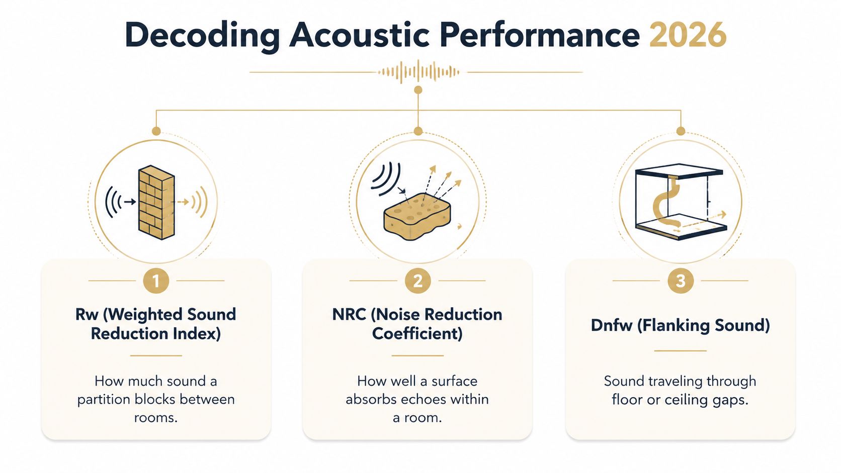 An infographic titled Decoding Acoustic Performance 2026 showing three key acoustic metrics: Rw, NRC, and Dnfw.