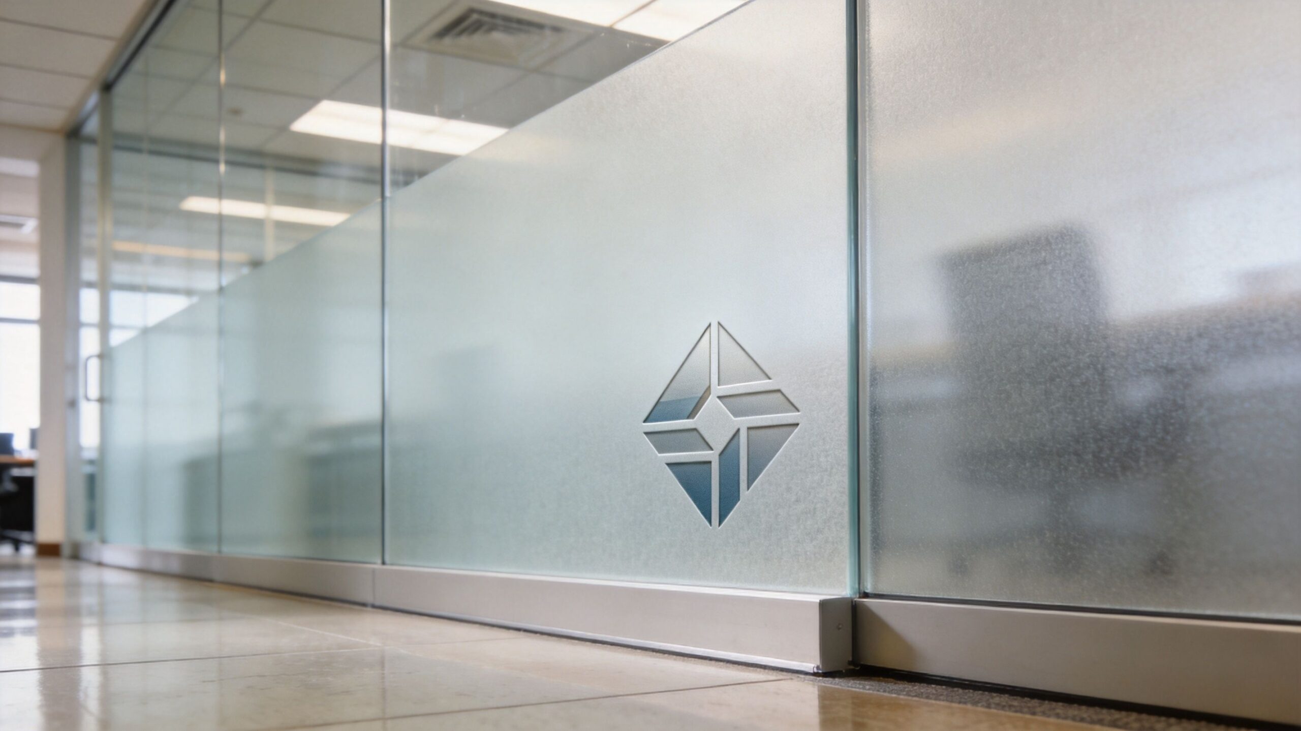 A modern glass office partition wall featuring a frosted finish and a central diamond-shaped logo design.