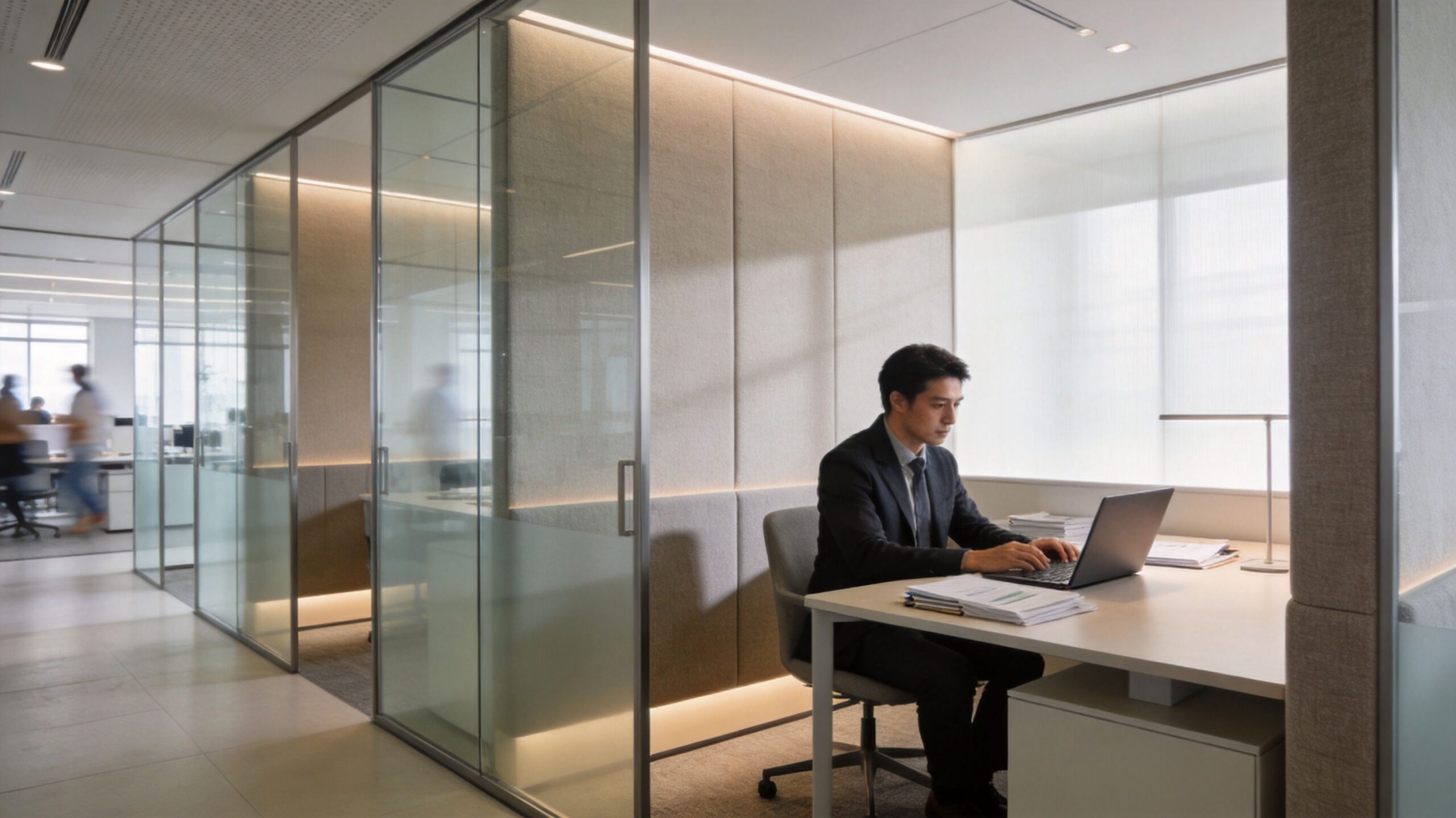 A professional man working on his laptop inside a modern office space with acoustic glass partitions.