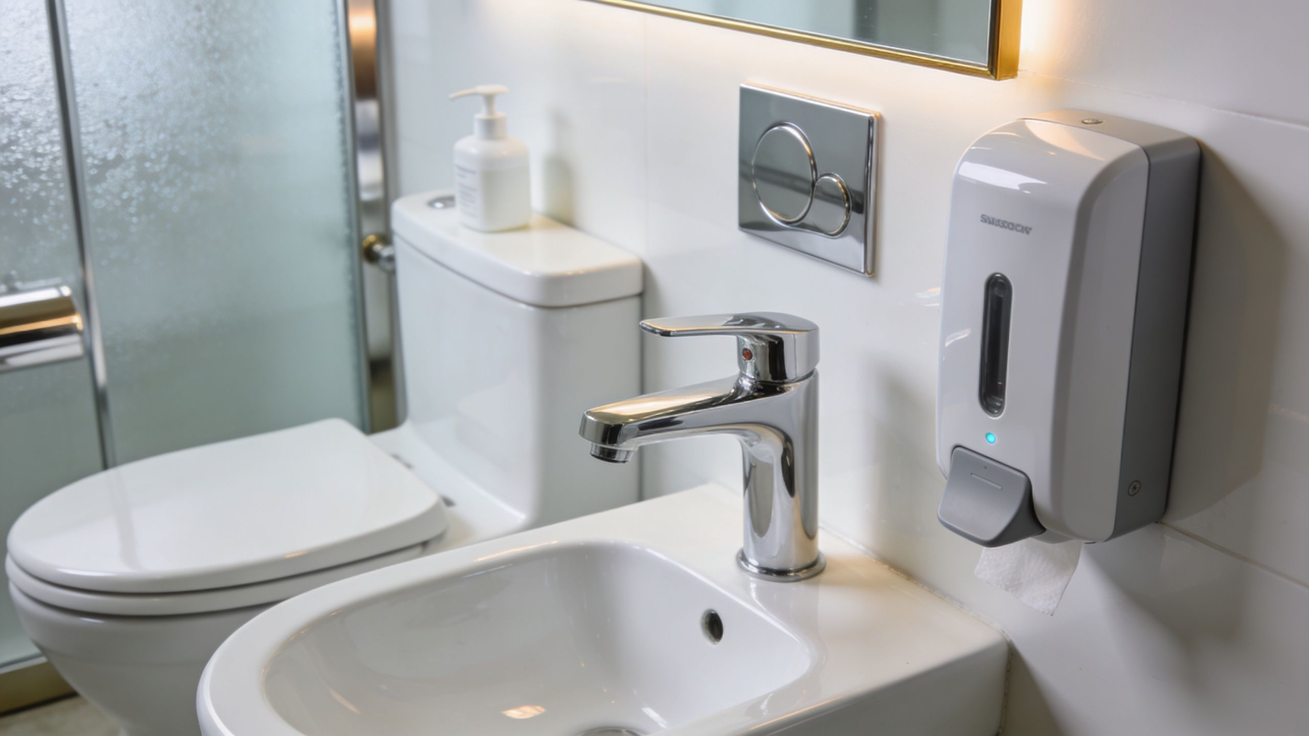 A clean, modern bathroom interior featuring a sink, a chrome faucet, a soap dispenser, and a toilet.