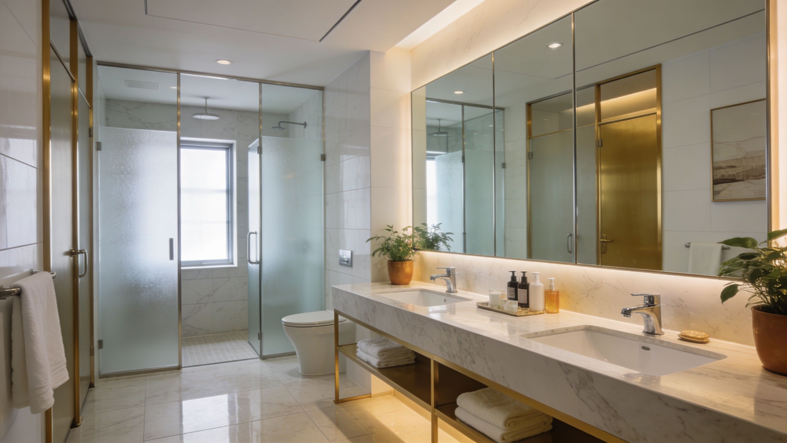 A modern, luxury hotel bathroom featuring a double marble vanity, glass shower stall, and elegant gold accents.