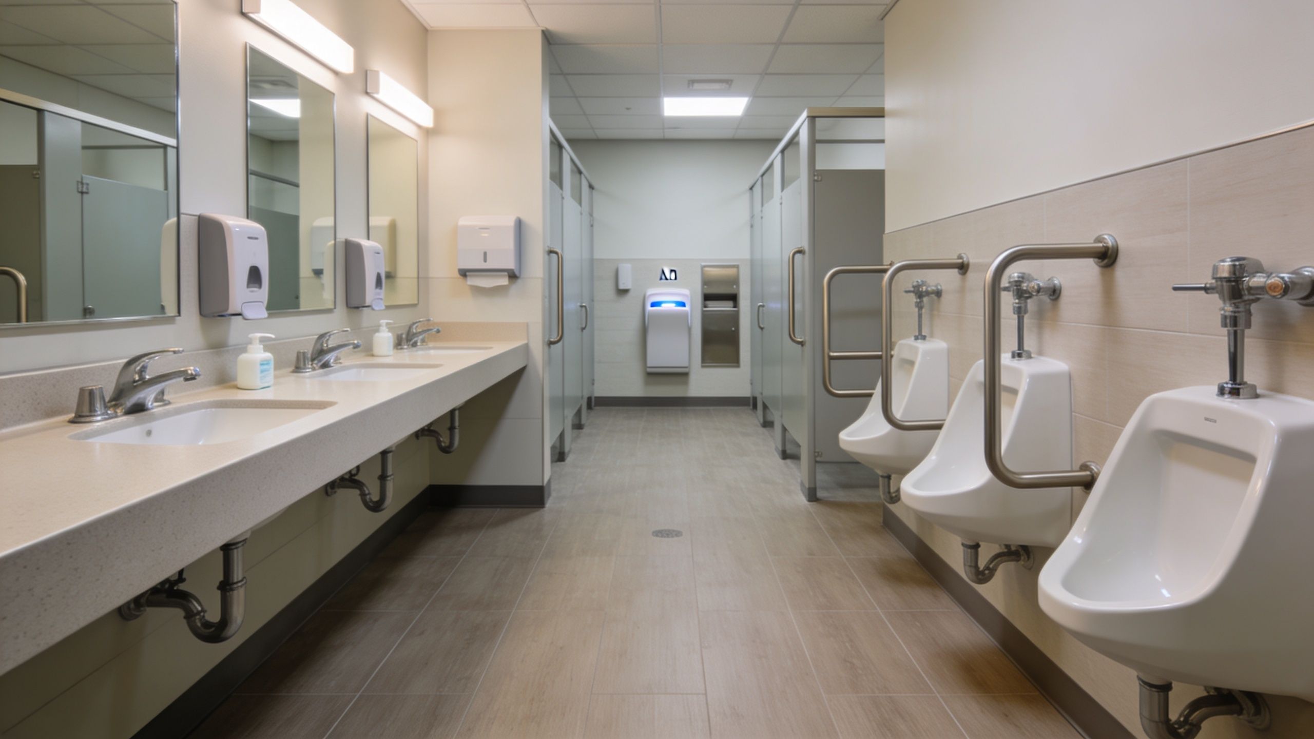 A clean, modern commercial restroom with stainless steel fixtures, white urinals, and a long granite countertop vanity.