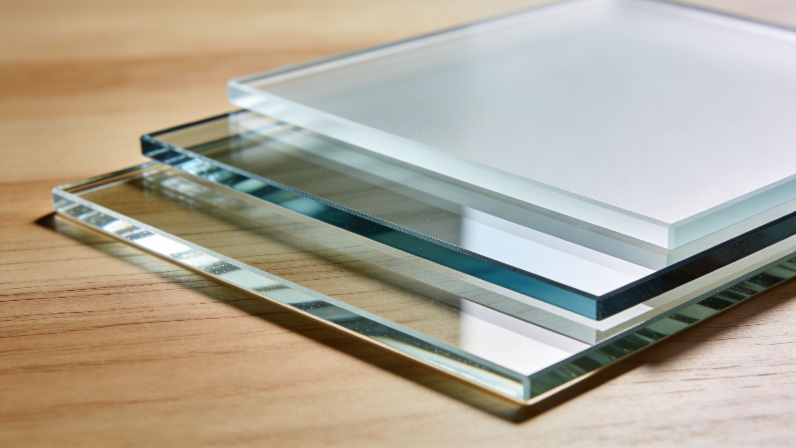 Three rectangular glass sheets with different finishes stacked on a wooden surface for construction purposes.