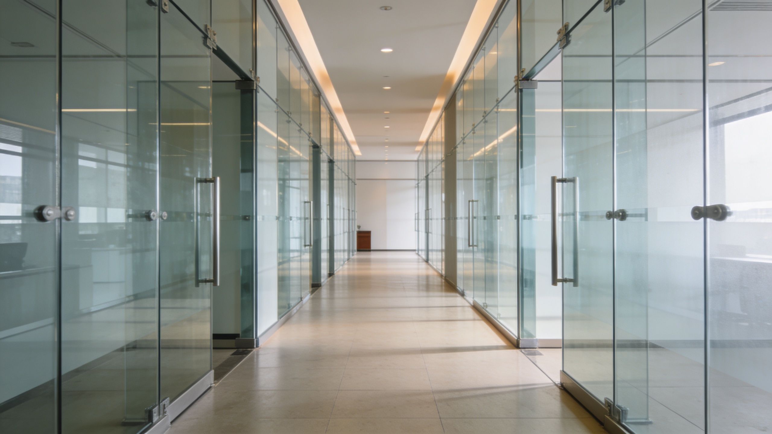 A long, bright office hallway featuring modern transparent glass doors and windows lining both sides.