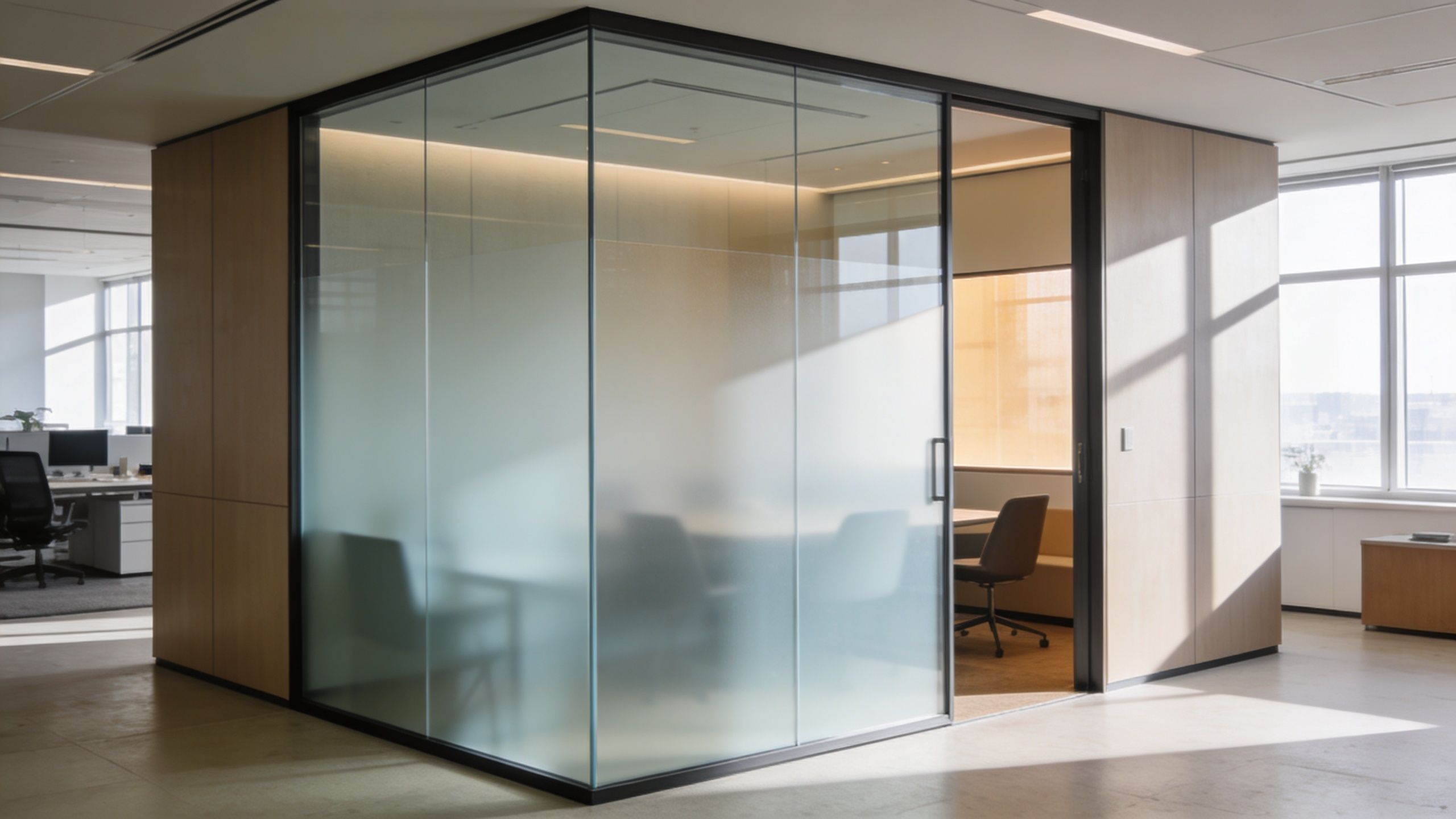 A sleek modern office meeting room with glass walls and wooden accents in a sunlit interior.