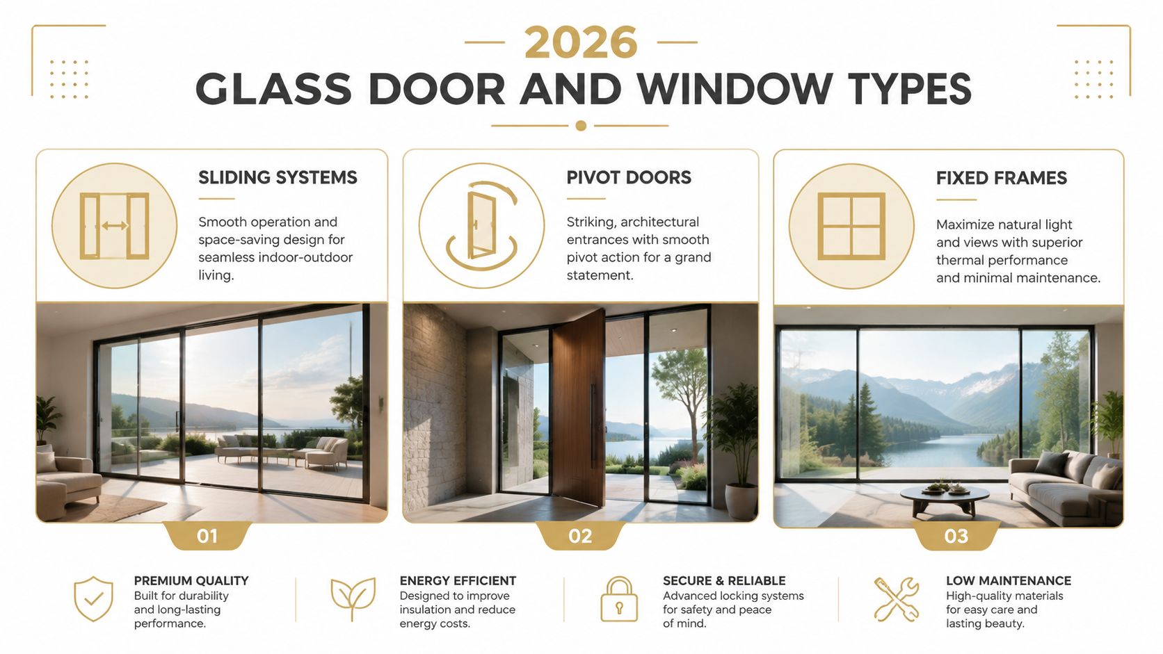 A 2026 design guide displaying various types of glass doors and windows, highlighting their key features and benefits.