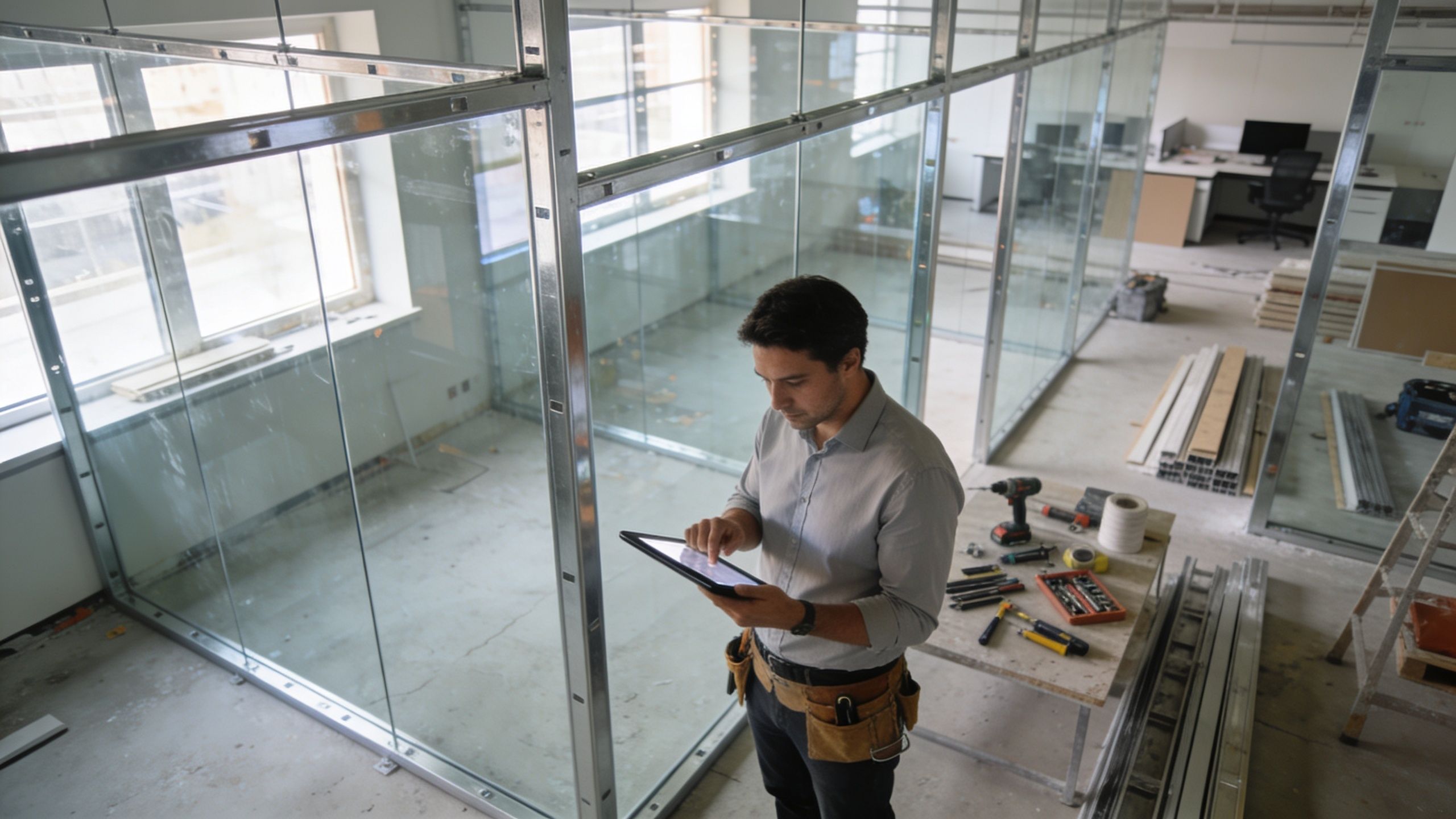 A professional construction project manager inspecting an office fit out renovation using a digital tablet.