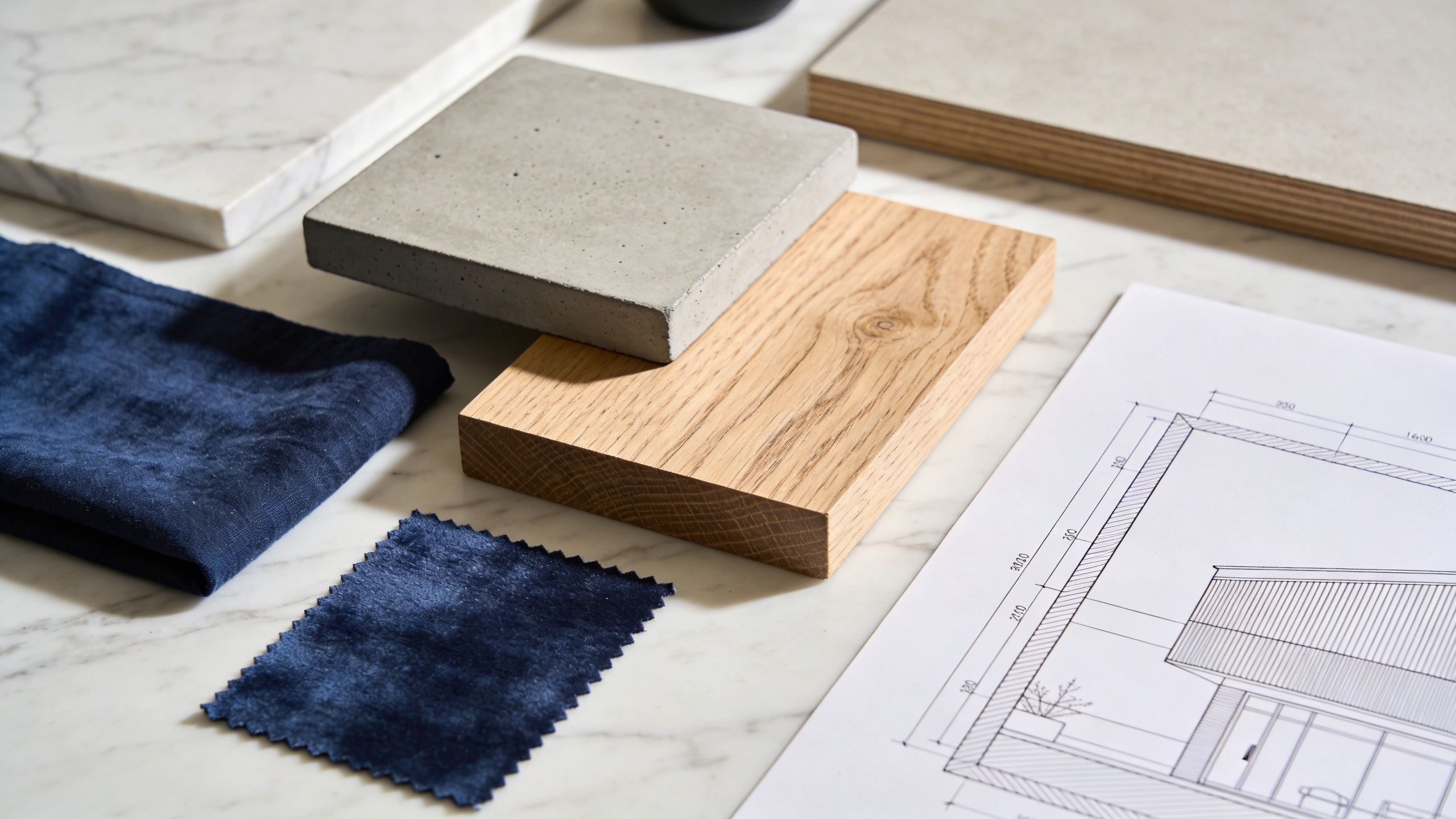 Architectural materials including concrete, wood, and fabric samples displayed alongside a building floor plan on marble.