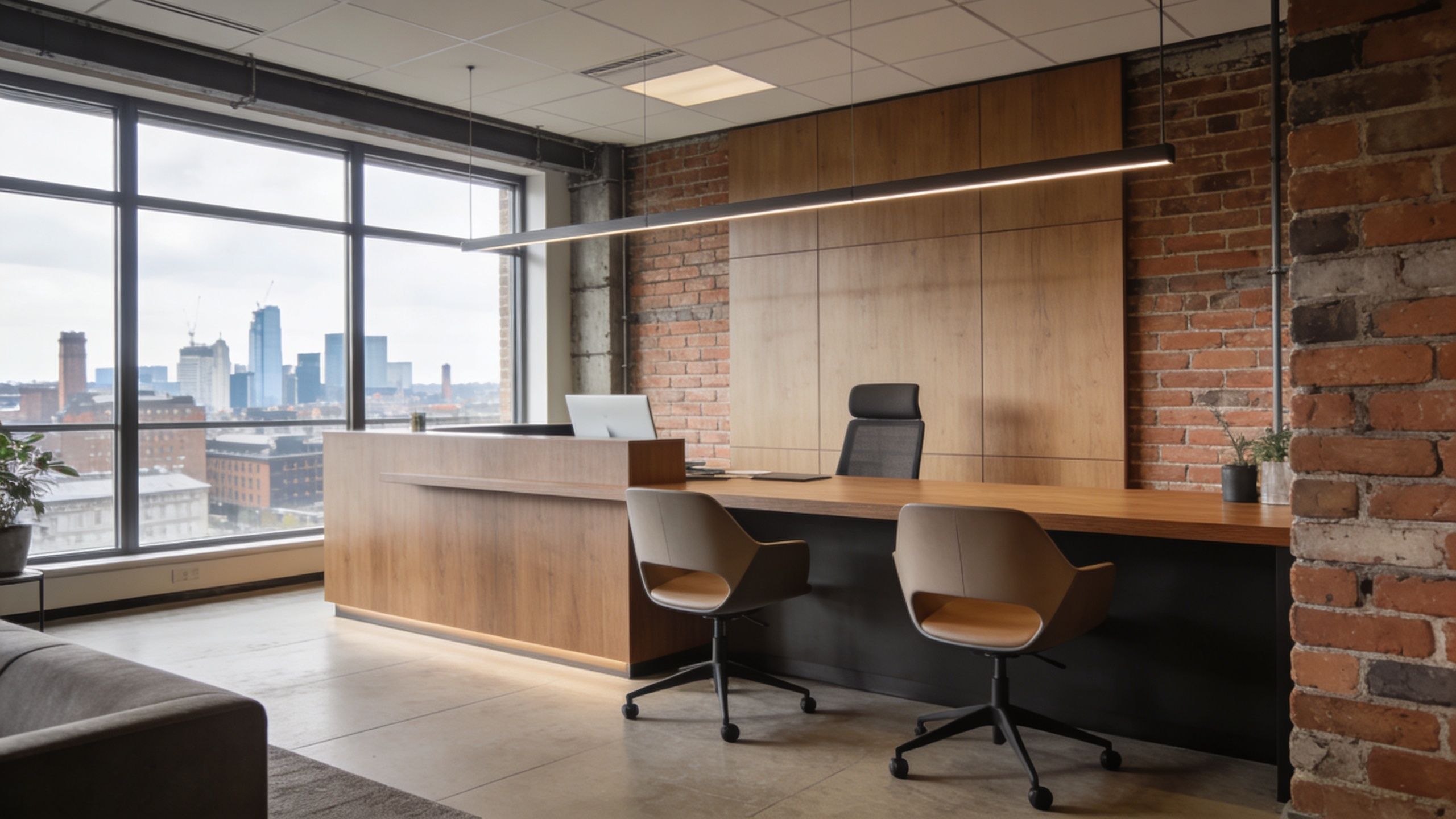 A modern executive office featuring wooden furniture, contemporary swivel chairs, and large windows with a cityscape view.