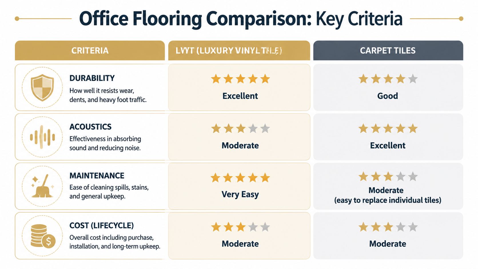 A comparison chart evaluating office flooring options, including luxury vinyl tile and carpet tiles, based on performance criteria.