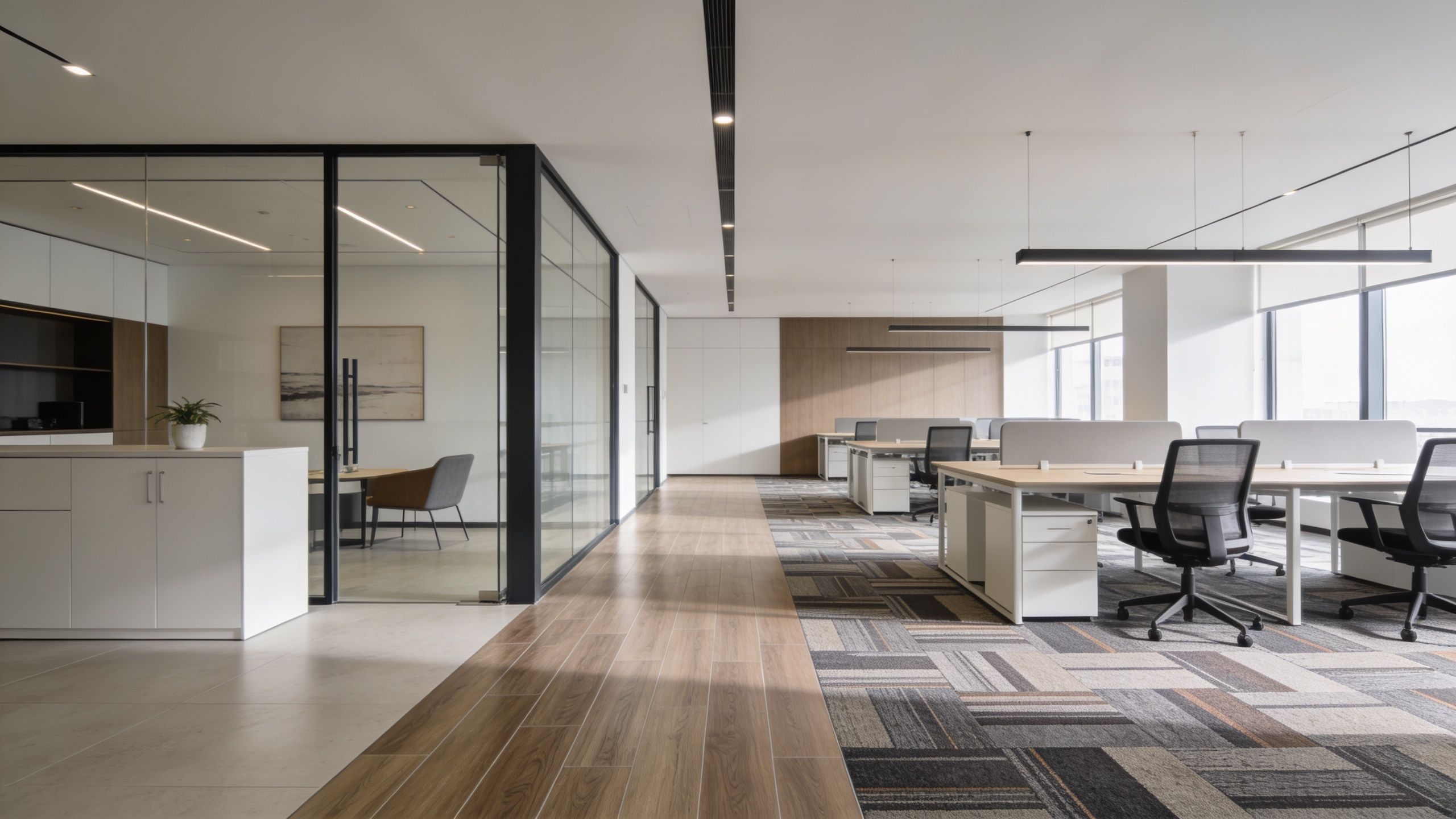 A modern open-plan office space featuring a mix of wood and patterned carpet flooring, glass offices, and desks.