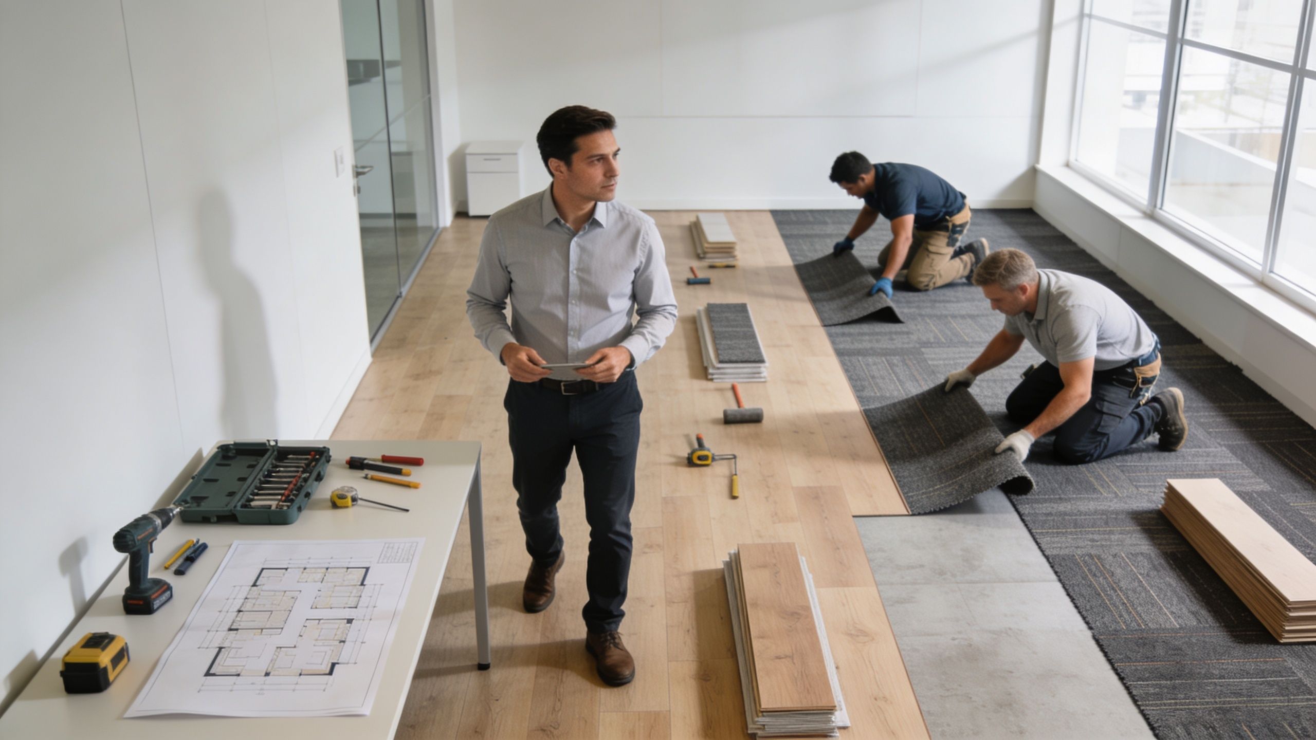 A professional manager supervising two construction workers installing modular carpet tiles in an office renovation project.