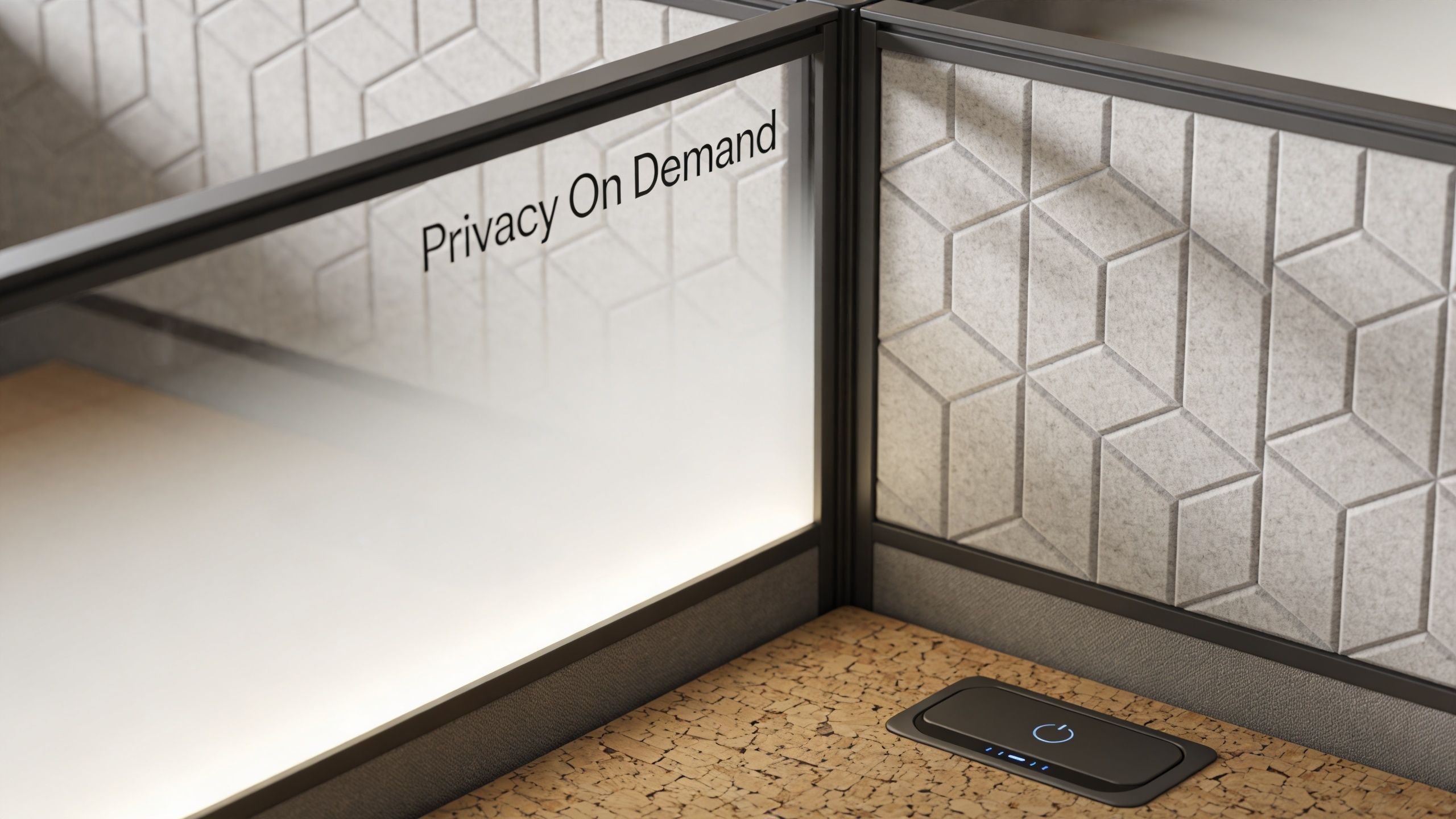 A modern office cubicle with a privacy glass partition and a button on a cork desk surface.