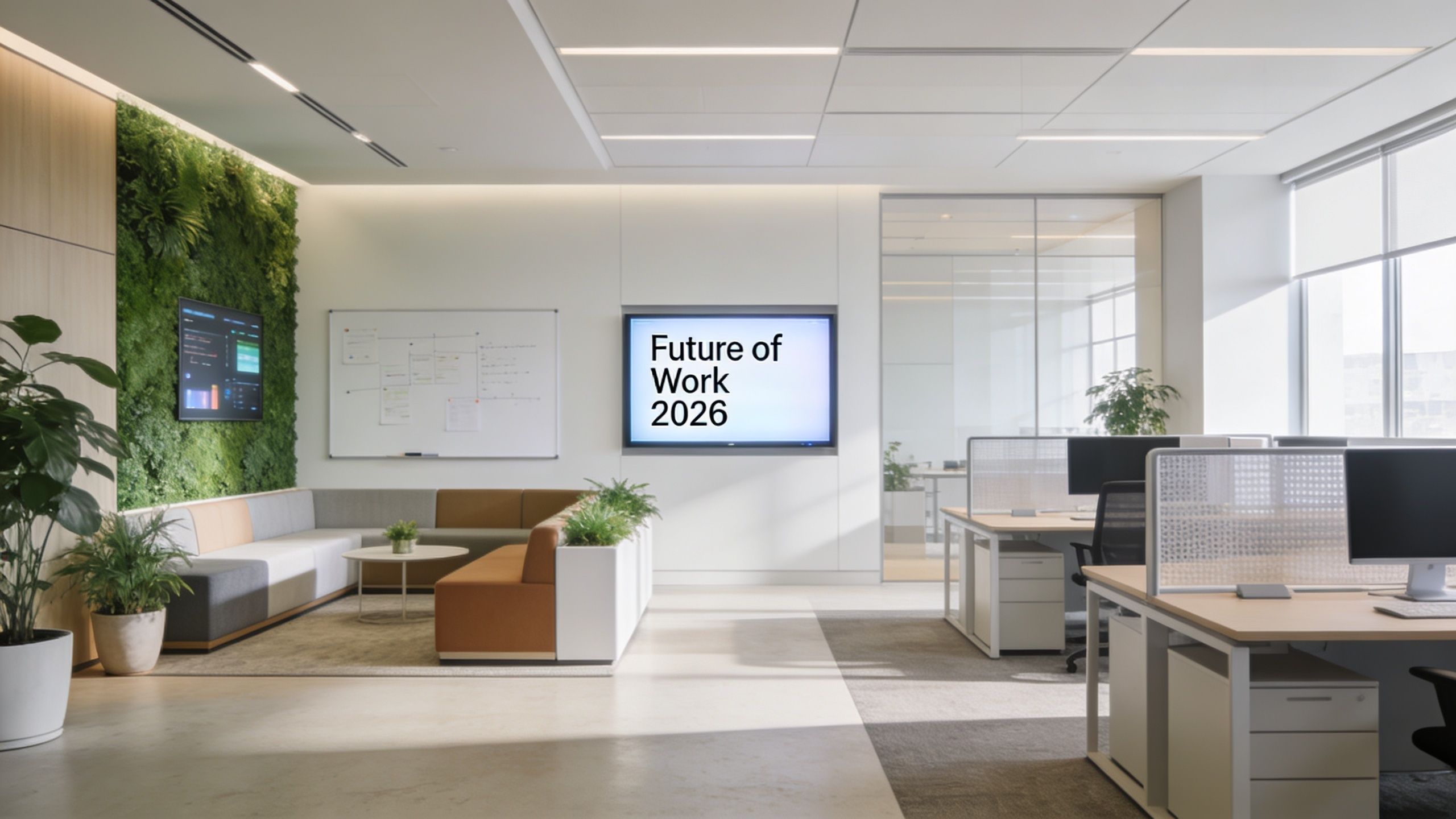 A bright, modern office space featuring a lounge area, a vertical garden, and open-plan workstations.