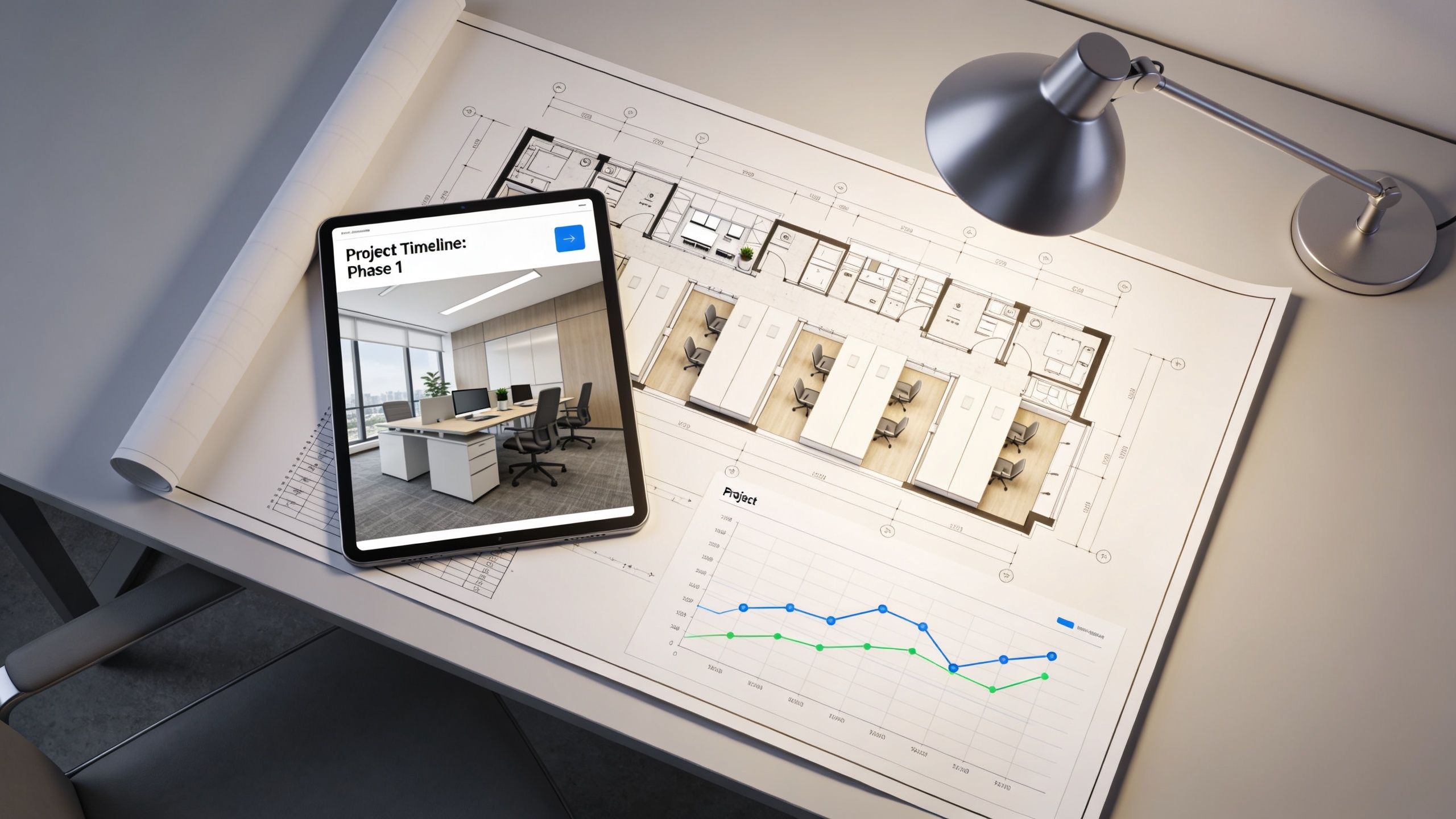 A tablet displaying an office design plan sits on top of technical floor blueprints and a chart.