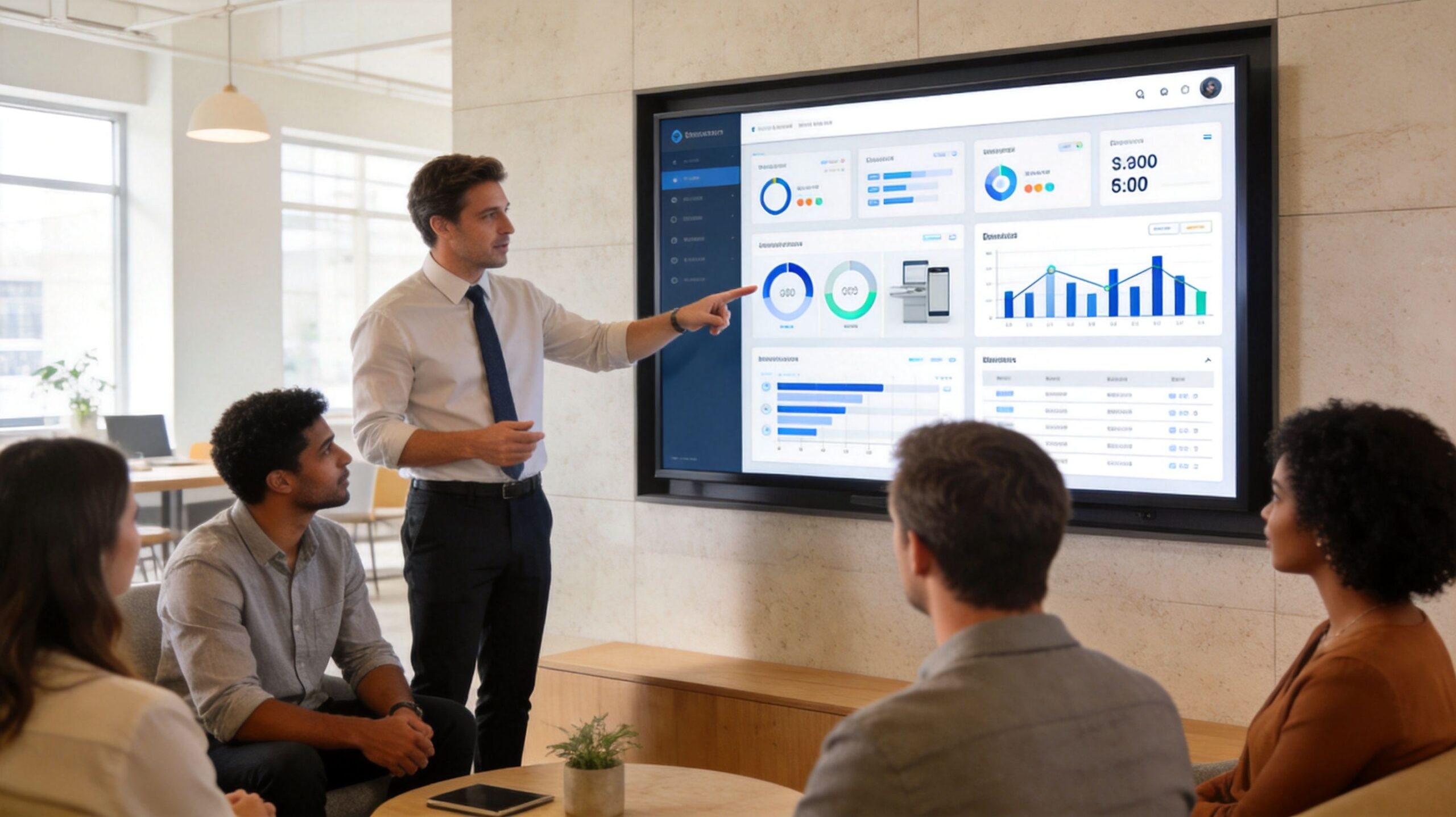 A professional business team listening to a colleague presenting data on a large digital screen.