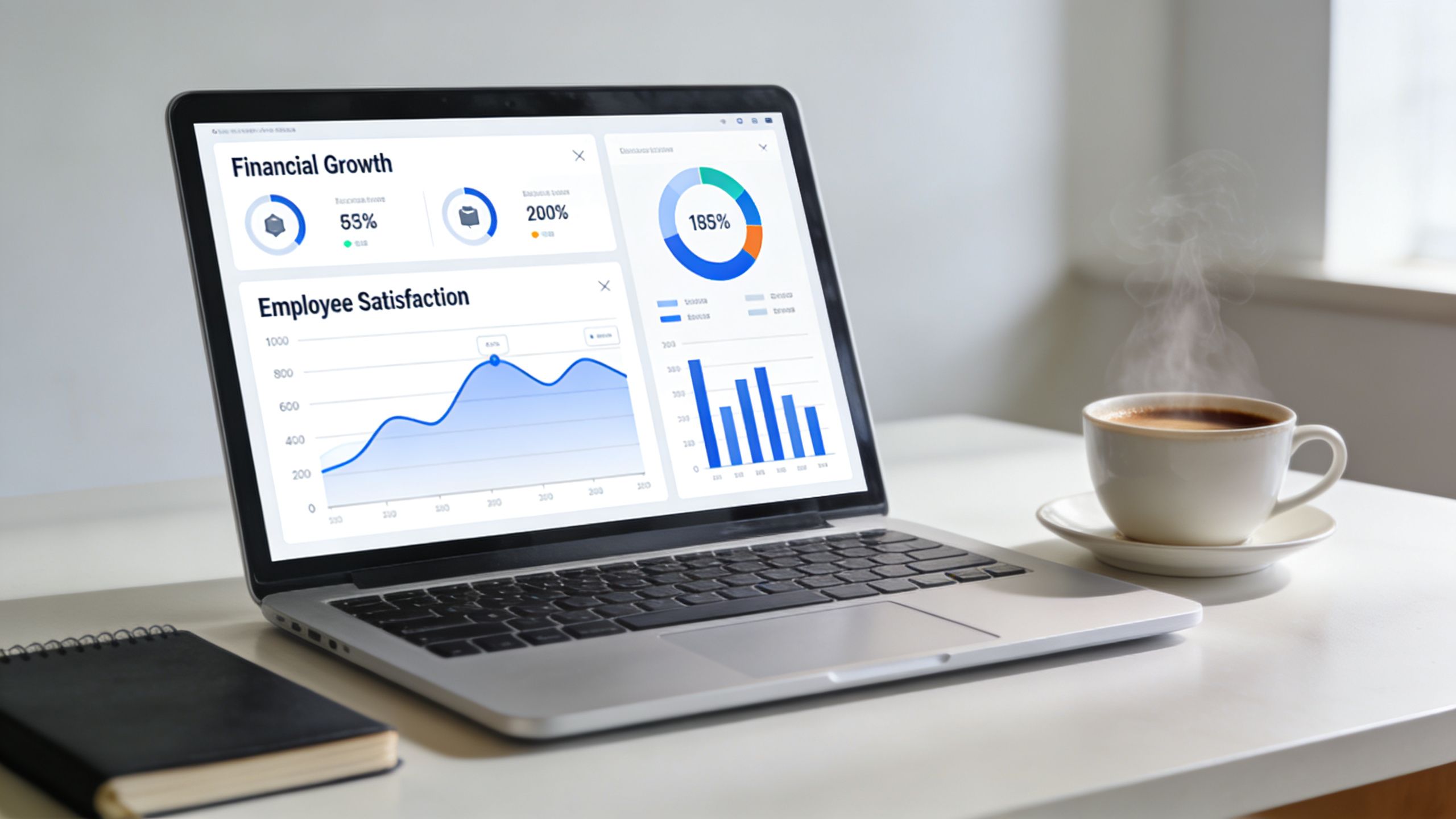 A modern laptop displaying financial growth and employee satisfaction charts next to a cup of hot coffee.