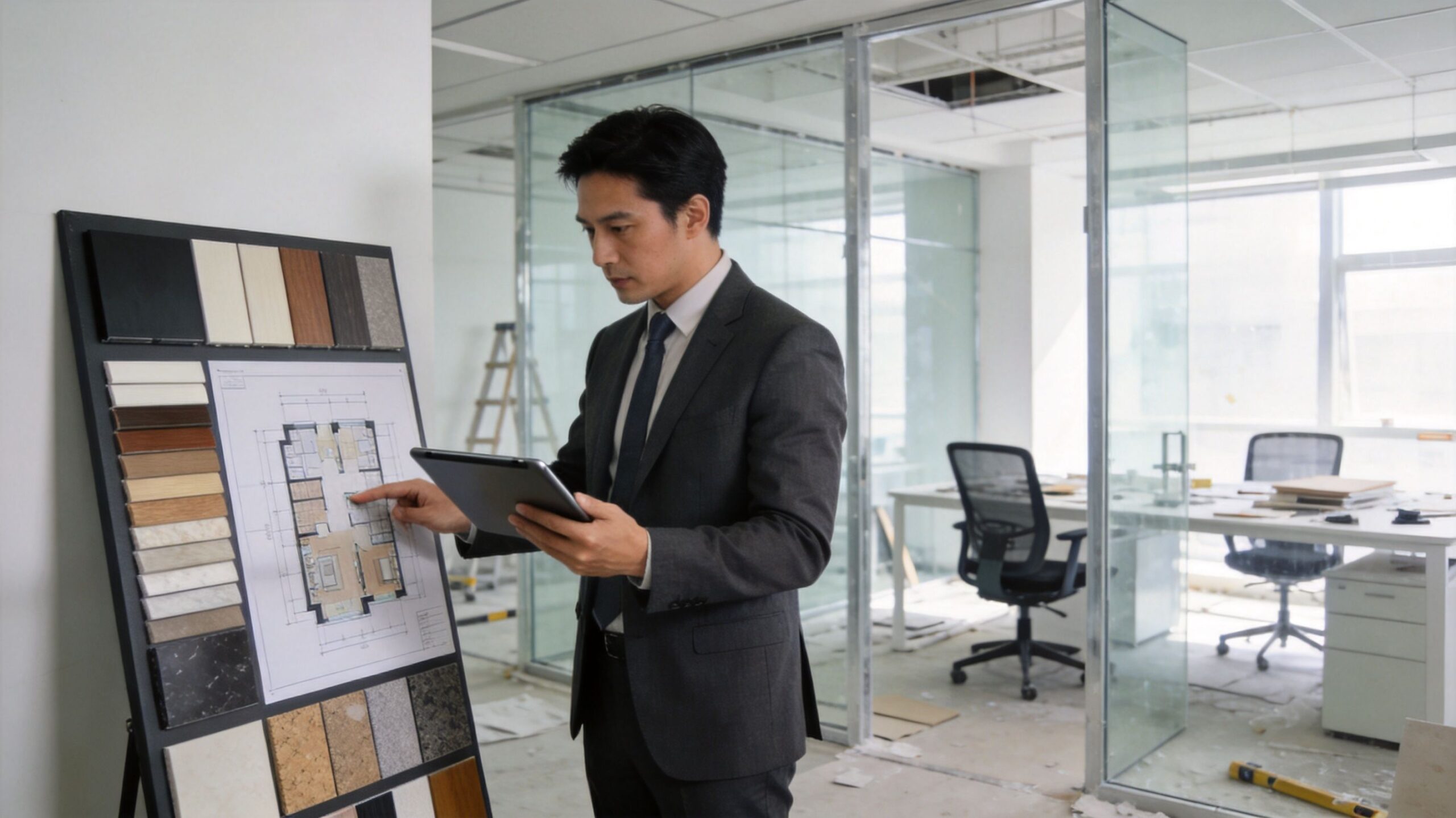 A professional man in a suit reviews office renovation plans using a tablet and material samples.