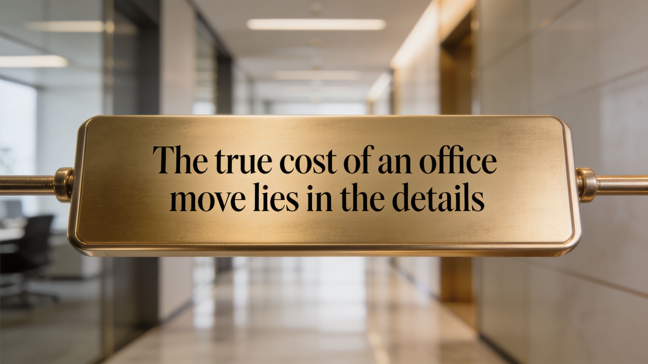 A close-up of a brass sign with the text The true cost of an office move lies in the details.