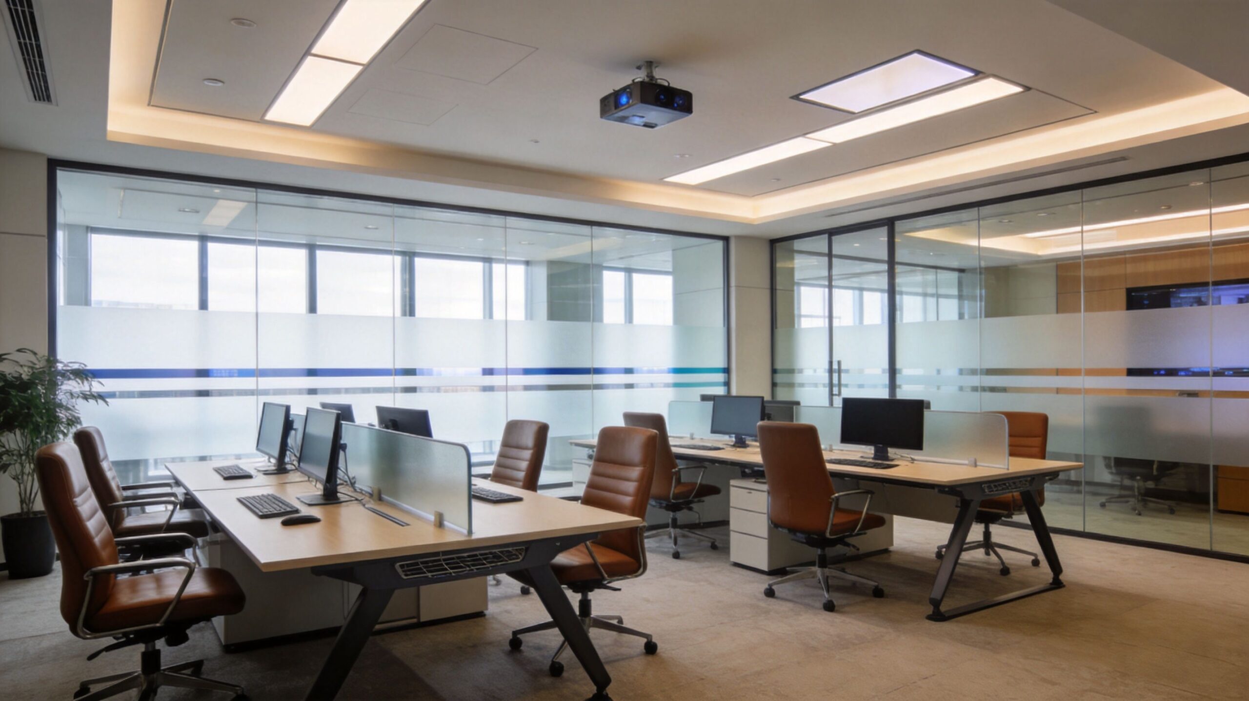 A modern office space with multiple workstations, leather chairs, and glass partitions in a bright professional environment.