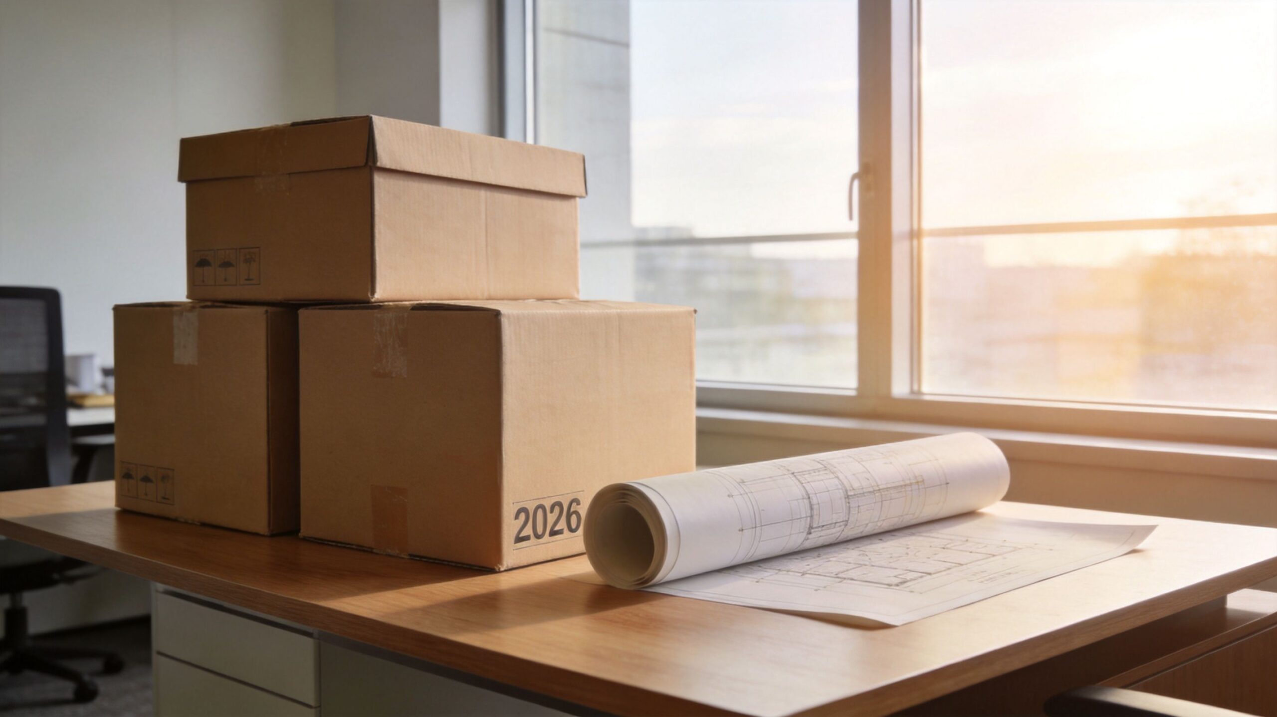 Cardboard moving boxes and a roll of architectural blueprints sitting on a wooden office desk.