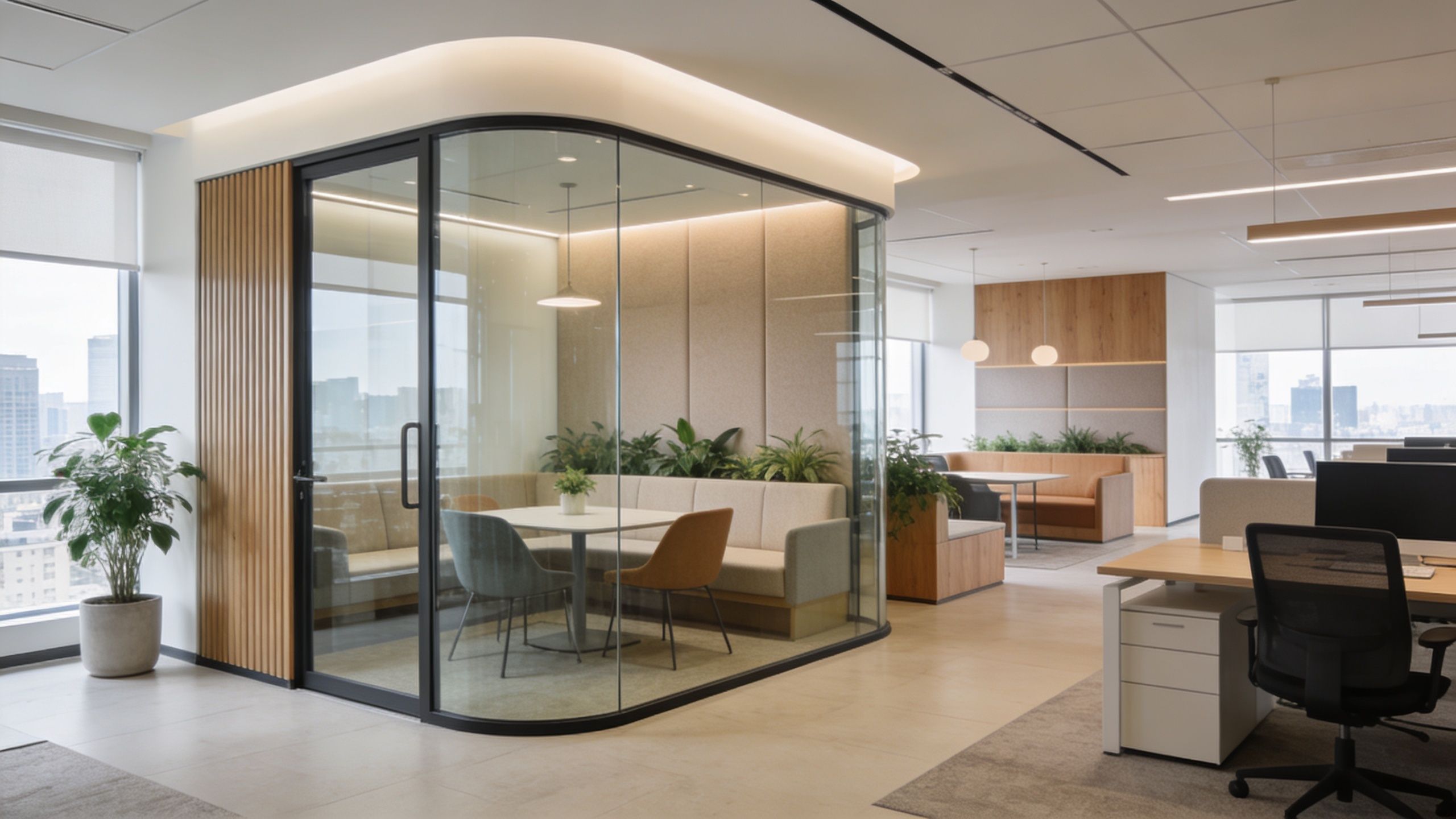 A modern glass meeting room in a brightly lit professional office with ergonomic furniture and greenery.