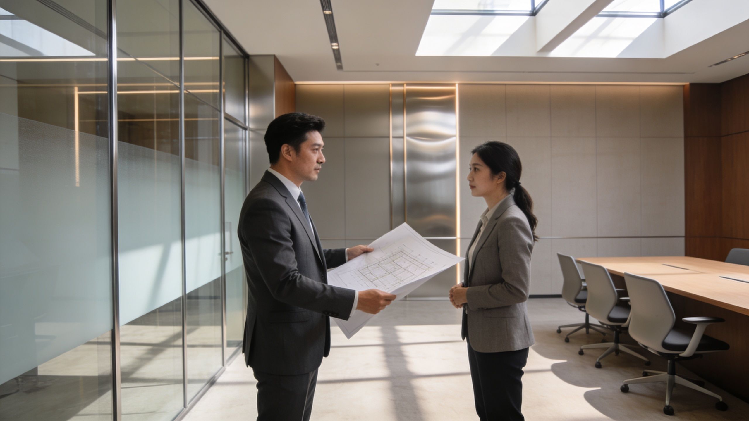 A professional man and woman standing in a modern office, discussing architectural plans for refurbishment.