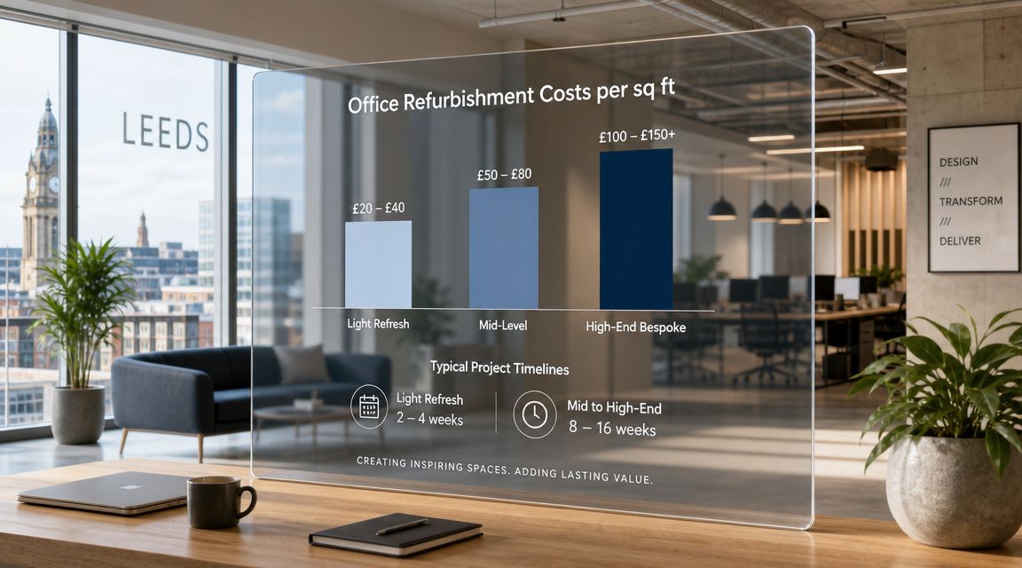 A glass display showing office refurbishment costs and project timelines for commercial workspace design in Leeds.