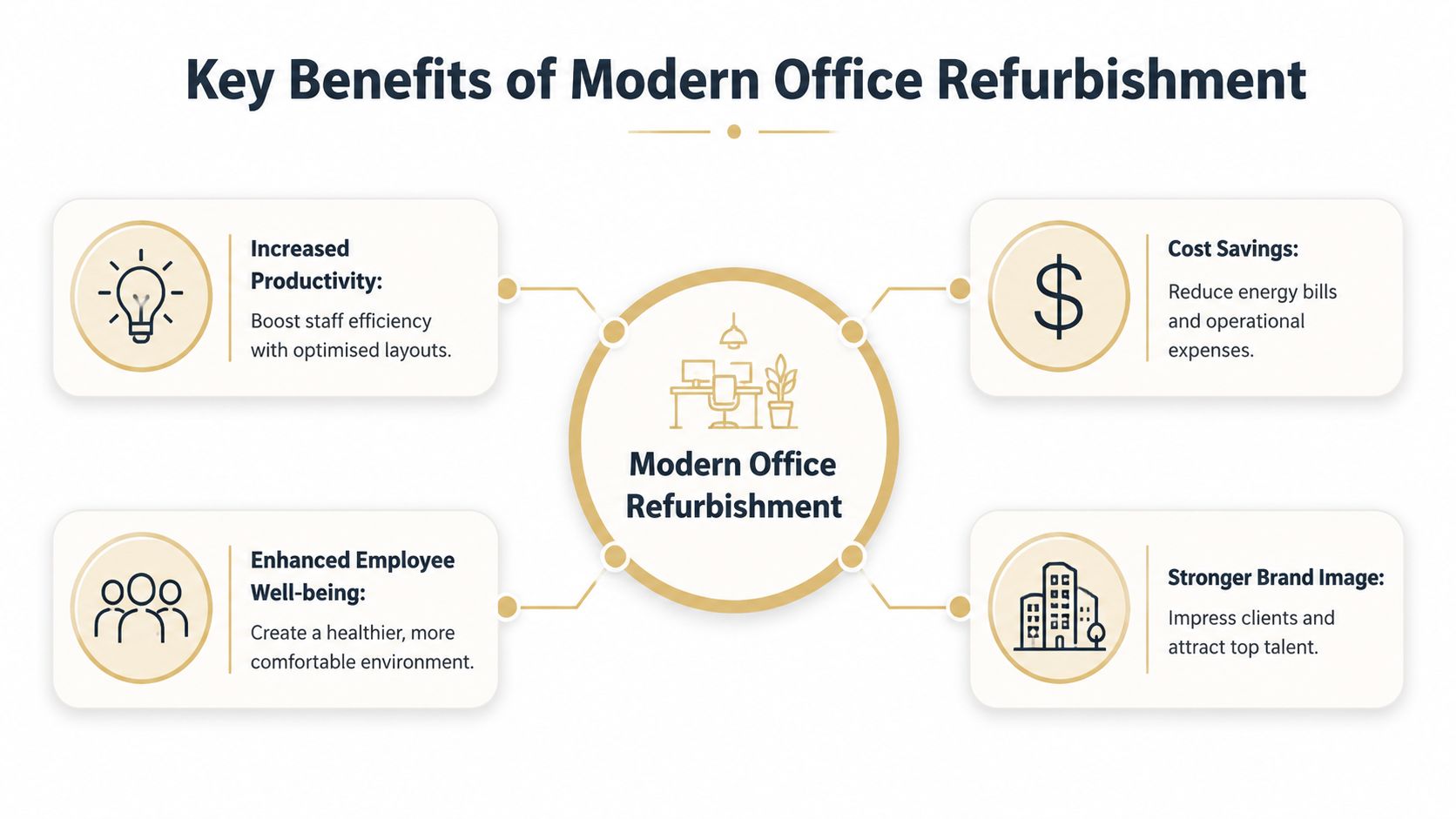 A diagram illustrating the four main benefits of modern office refurbishment including productivity, cost savings, and well-being.