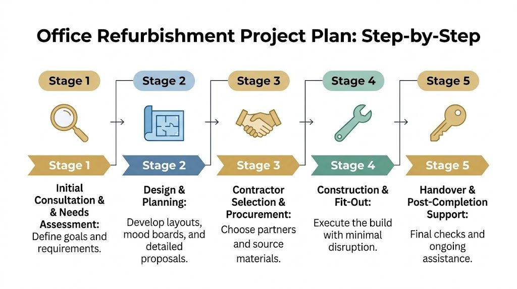 A five-stage project plan infographic outlining the step-by-step process for a professional office refurbishment project.