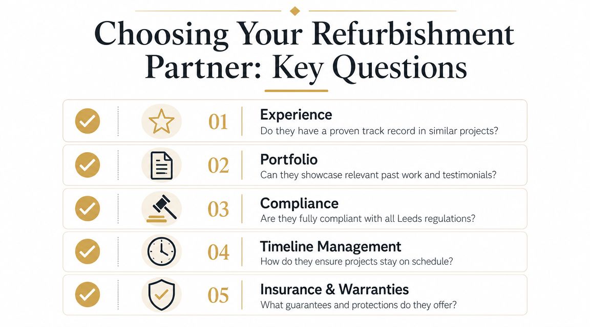 A graphic list of five key questions to consider when choosing an office refurbishment partner in Leeds.