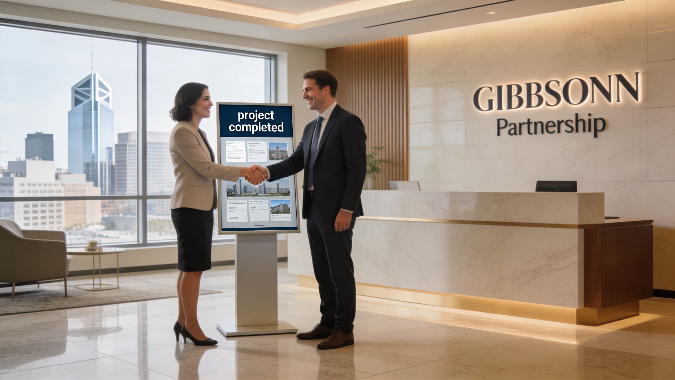 A professional man and woman shake hands in a modern corporate office lobby with a city view.
