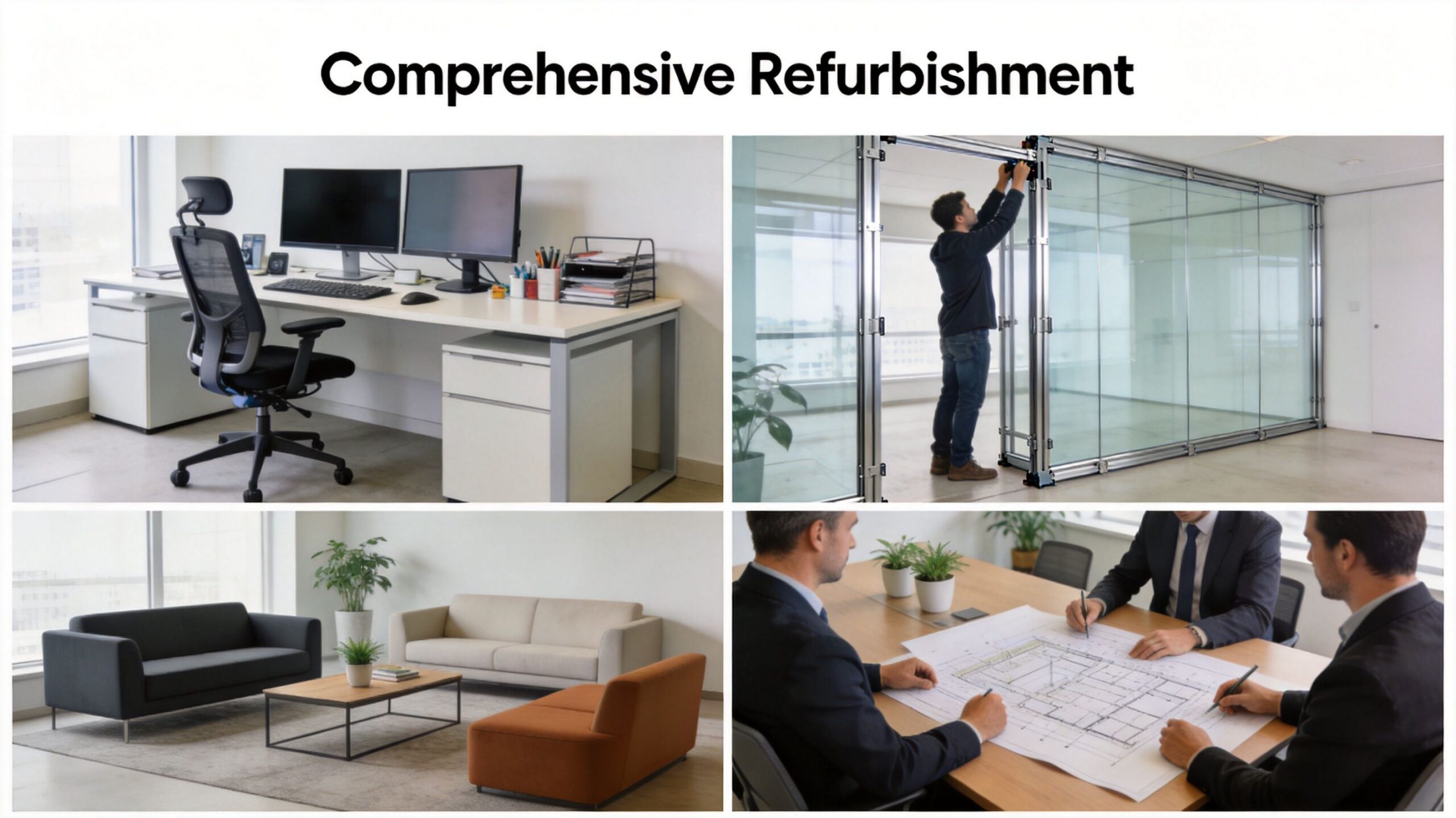A collage showing modern office refurbishment services, including a workstation, glass partitions, lounge area, and professionals reviewing blueprints.