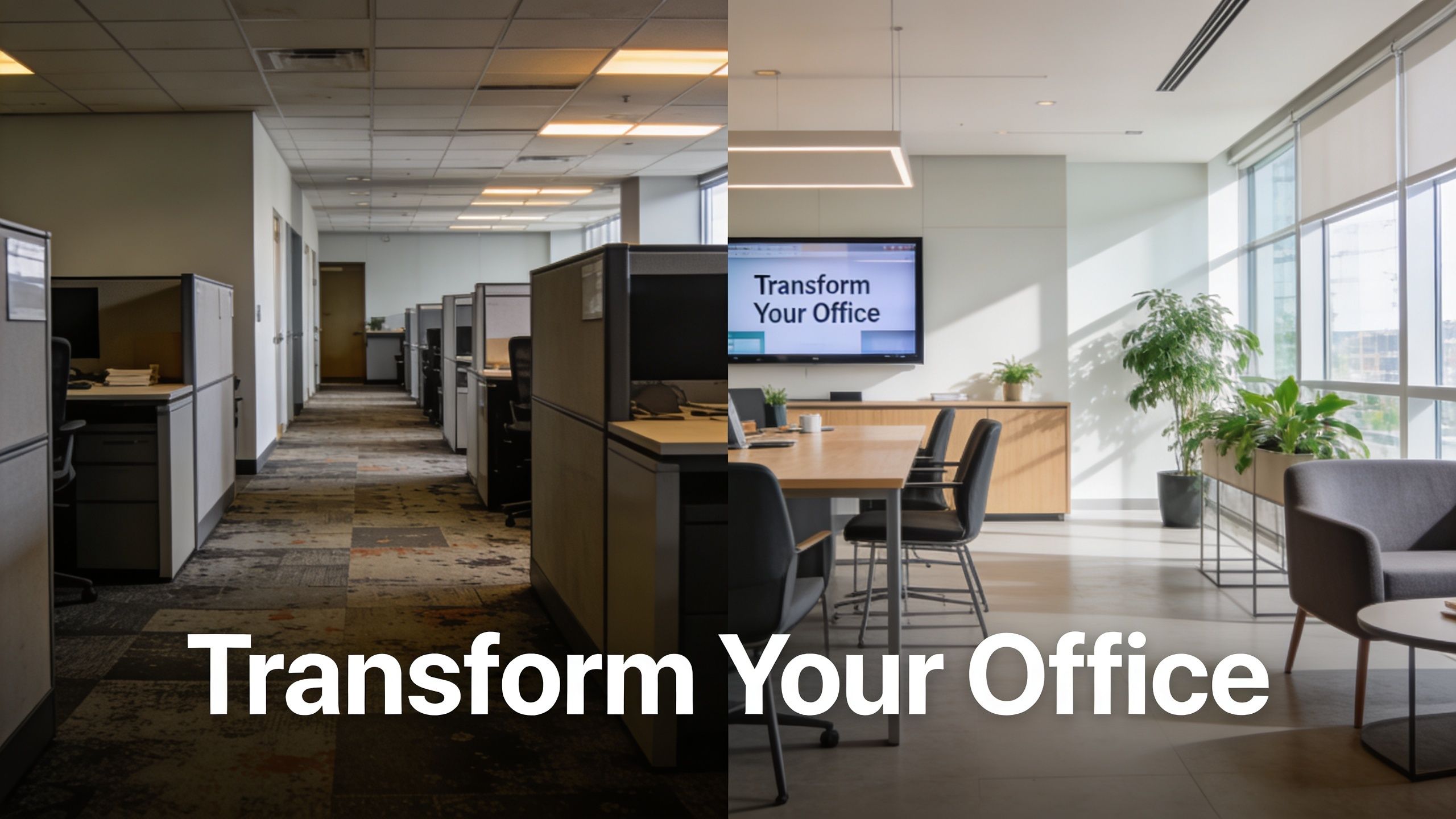 A split image showing a dark, dated cubicle office space contrasting with a modern, bright refurbished office.